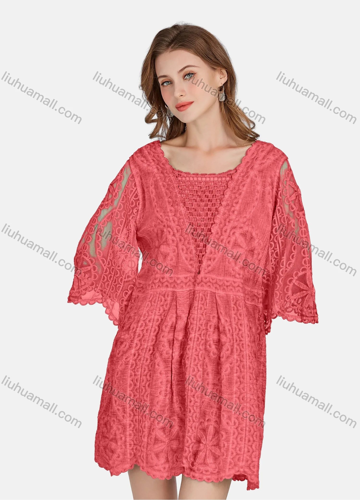 Wholesale Women's Casual 3/4 Sleeve Hollow Out Guipure Lace Short Dress 2005# - Liuhuamall