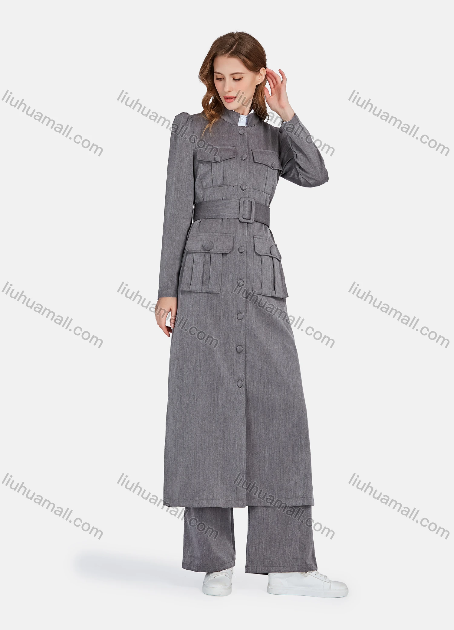 Wholesale Women's Plain Stand Collar Long Sleeve Buttons Down Flap Pockets Long Trench Coat & Pants 2 Piece Uniform Set W2045# - Liuhuamall