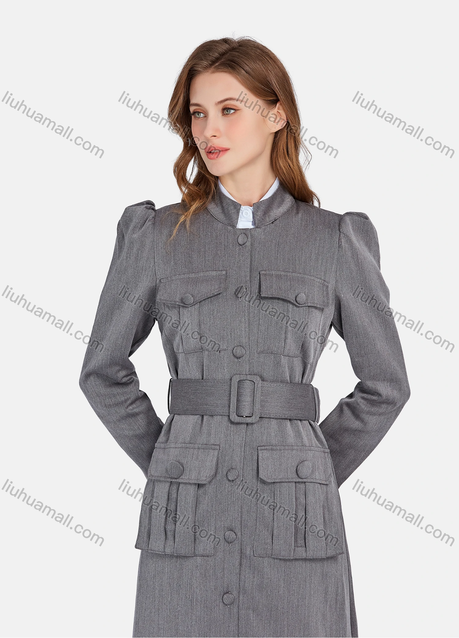 Wholesale Women's Plain Stand Collar Long Sleeve Buttons Down Flap Pockets Long Trench Coat & Pants 2 Piece Uniform Set W2045# - Liuhuamall