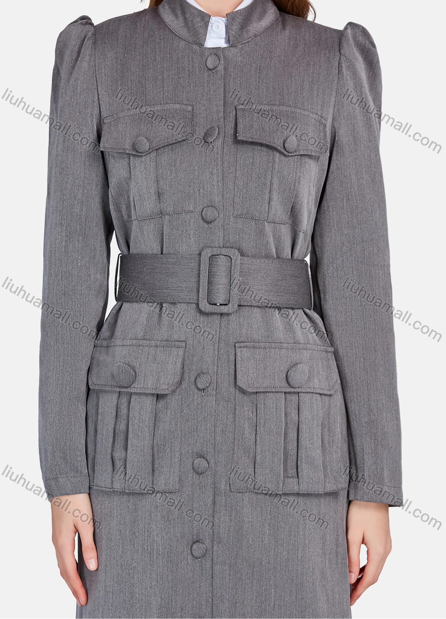 Wholesale Women's Plain Stand Collar Long Sleeve Buttons Down Flap Pockets Long Trench Coat & Pants 2 Piece Uniform Set W2045# - Liuhuamall