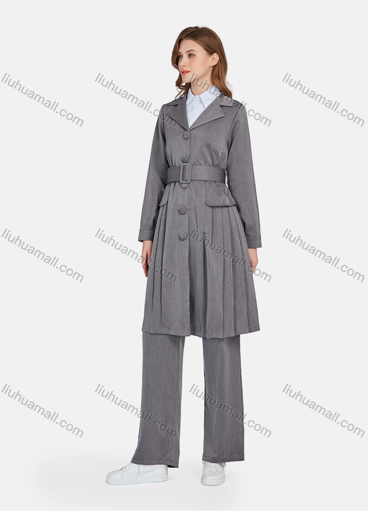 Wholesale Women's Plain Lapel Long Sleeve Buttons Down Pleated Long Trench Coat & Pants 2 Piece Uniform Set W2045# - Liuhuamall