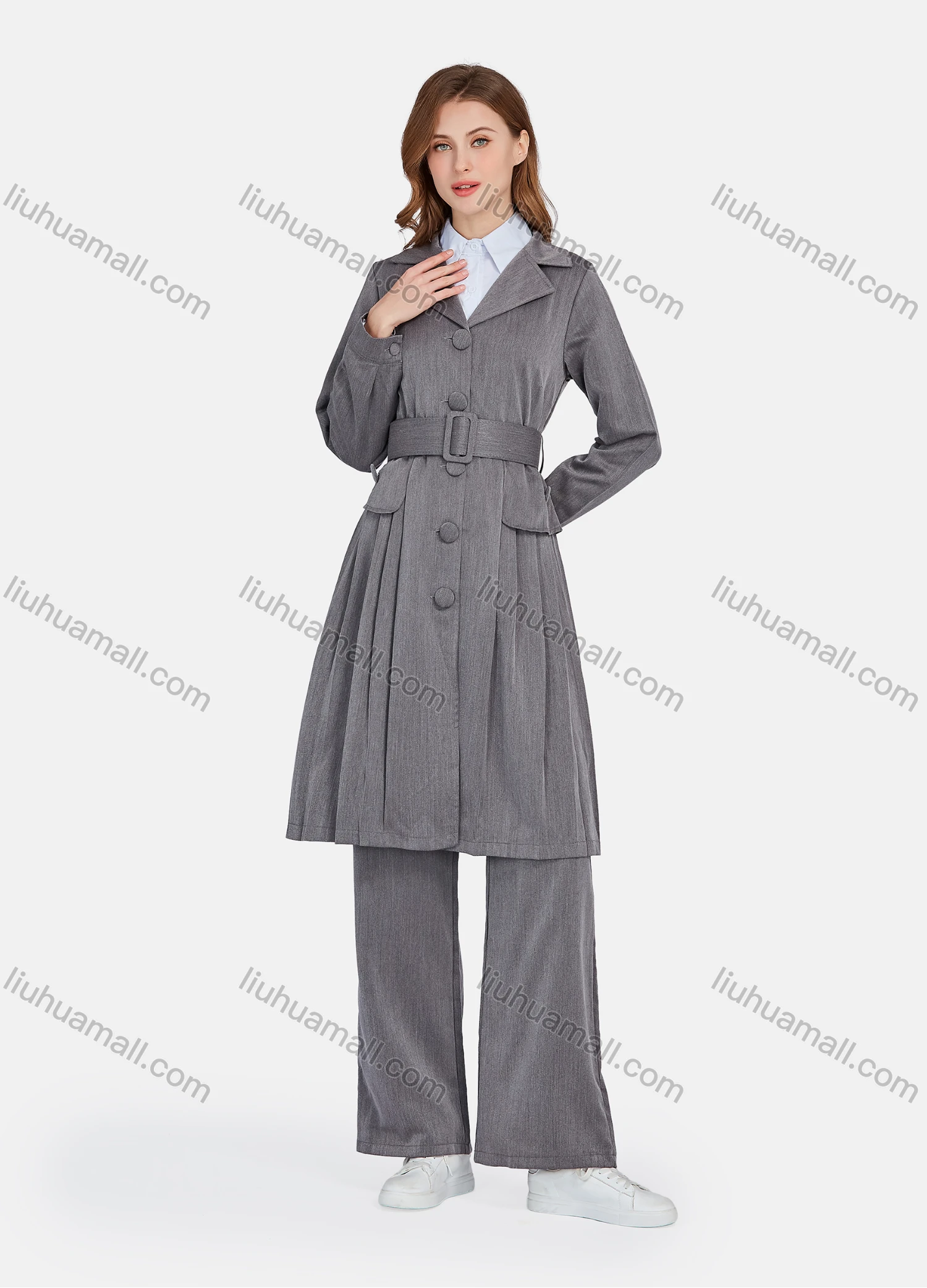 Wholesale Women's Plain Lapel Long Sleeve Buttons Down Pleated Long Trench Coat & Pants 2 Piece Uniform Set W2045# - Liuhuamall