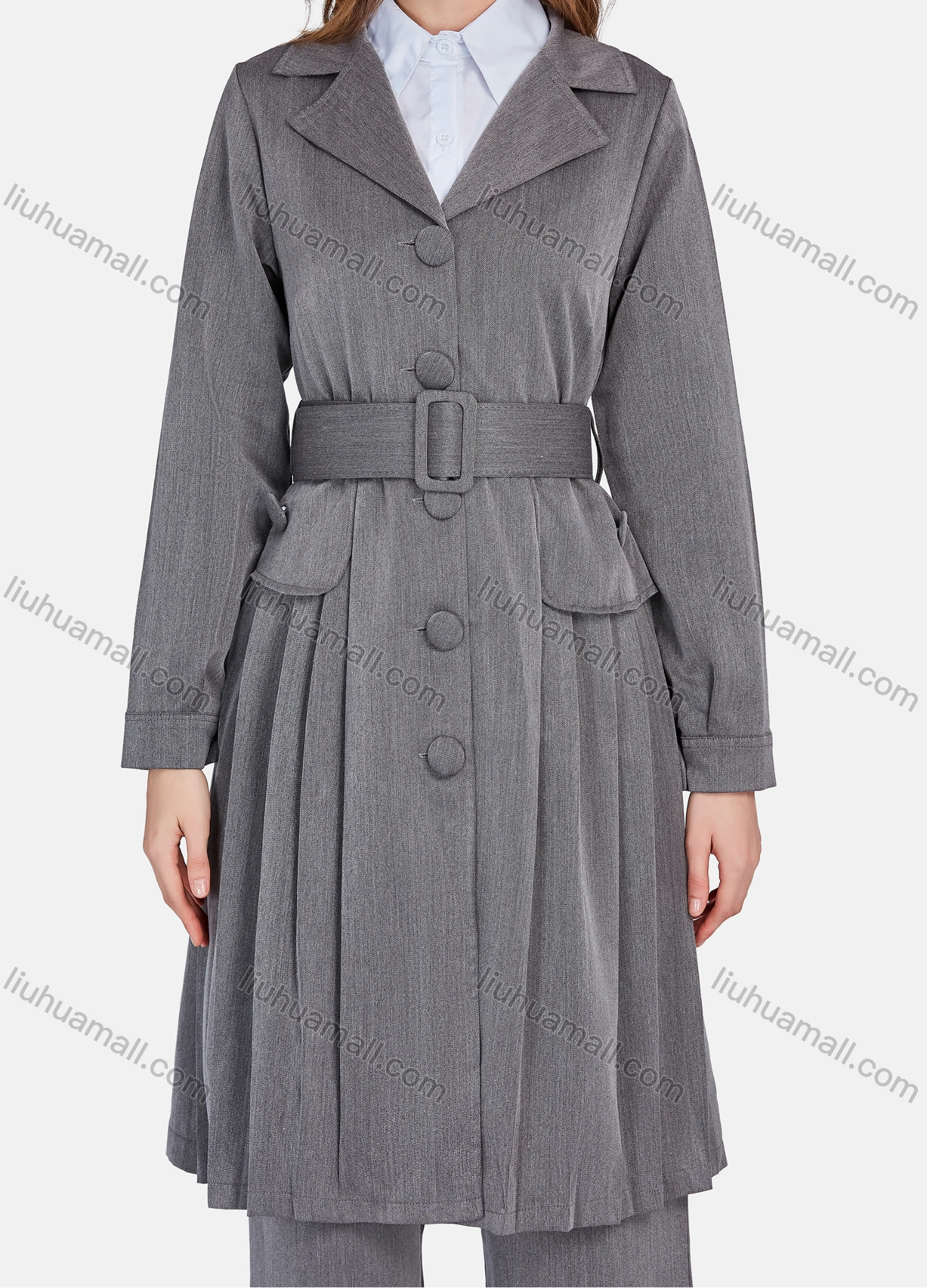 Wholesale Women's Plain Lapel Long Sleeve Buttons Down Pleated Long Trench Coat & Pants 2 Piece Uniform Set W2045# - Liuhuamall