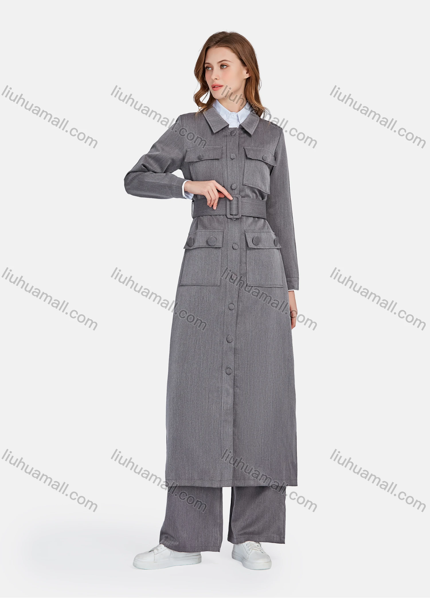 Wholesale Women's Plain Collared Long Sleeve Buttons Down Flap Pockets Long Trench Coat & Pants 2 Piece Uniform Set W2046# - Liuhuamall