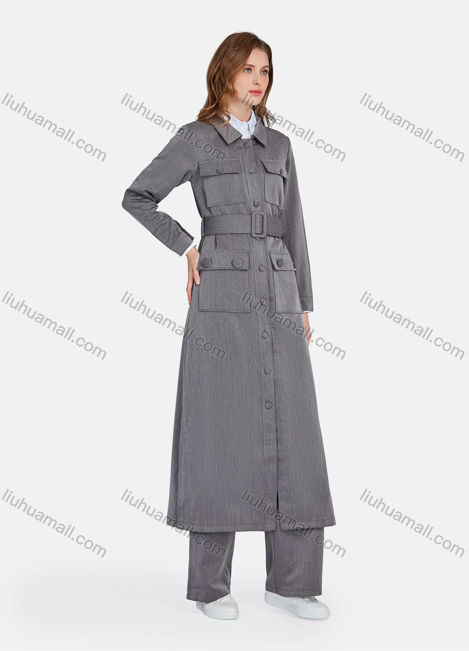 Wholesale Women's Plain Collared Long Sleeve Buttons Down Flap Pockets Long Trench Coat & Pants 2 Piece Uniform Set W2046# - Liuhuamall