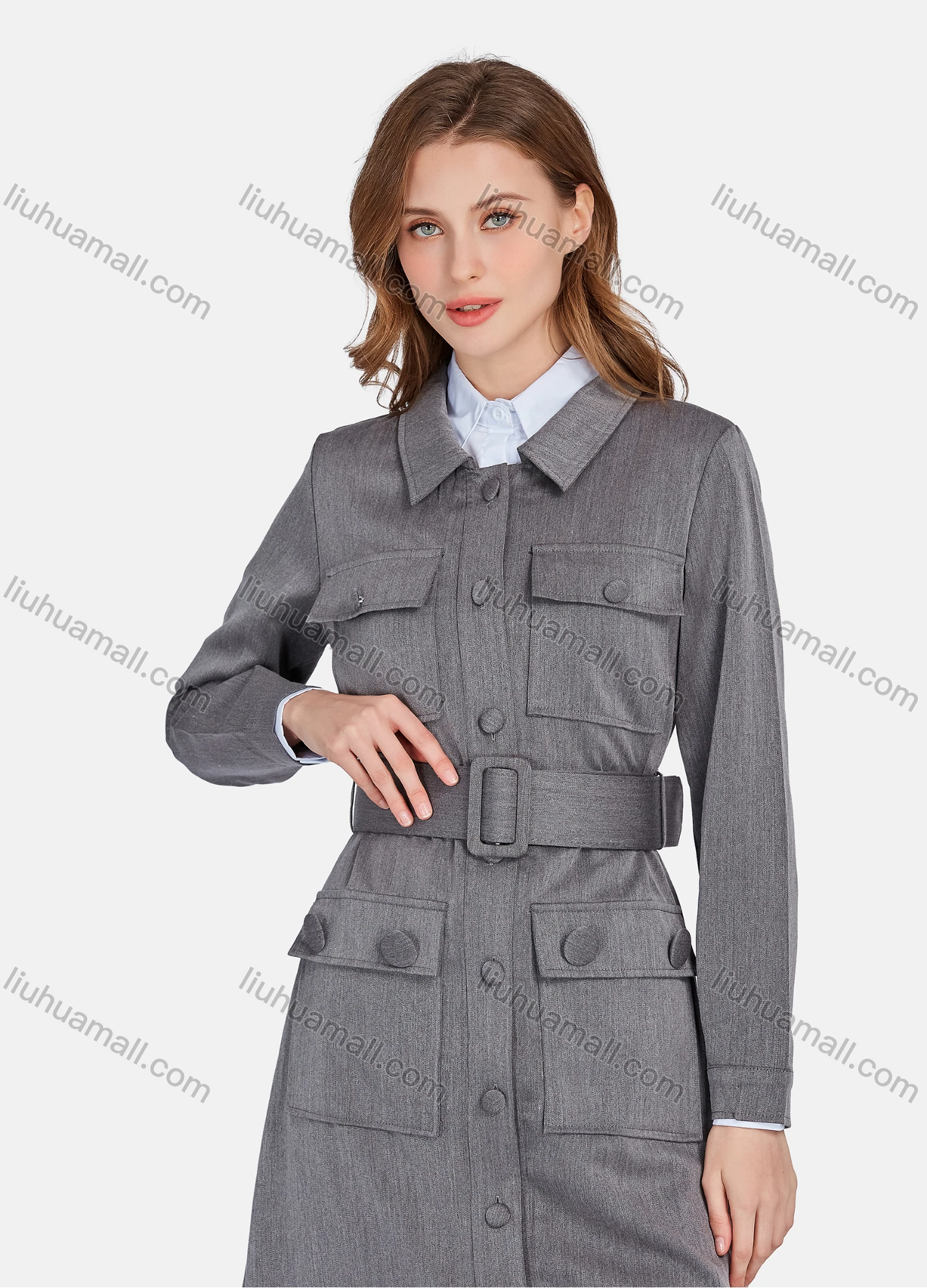 Wholesale Women's Plain Collared Long Sleeve Buttons Down Flap Pockets Long Trench Coat & Pants 2 Piece Uniform Set W2046# - Liuhuamall