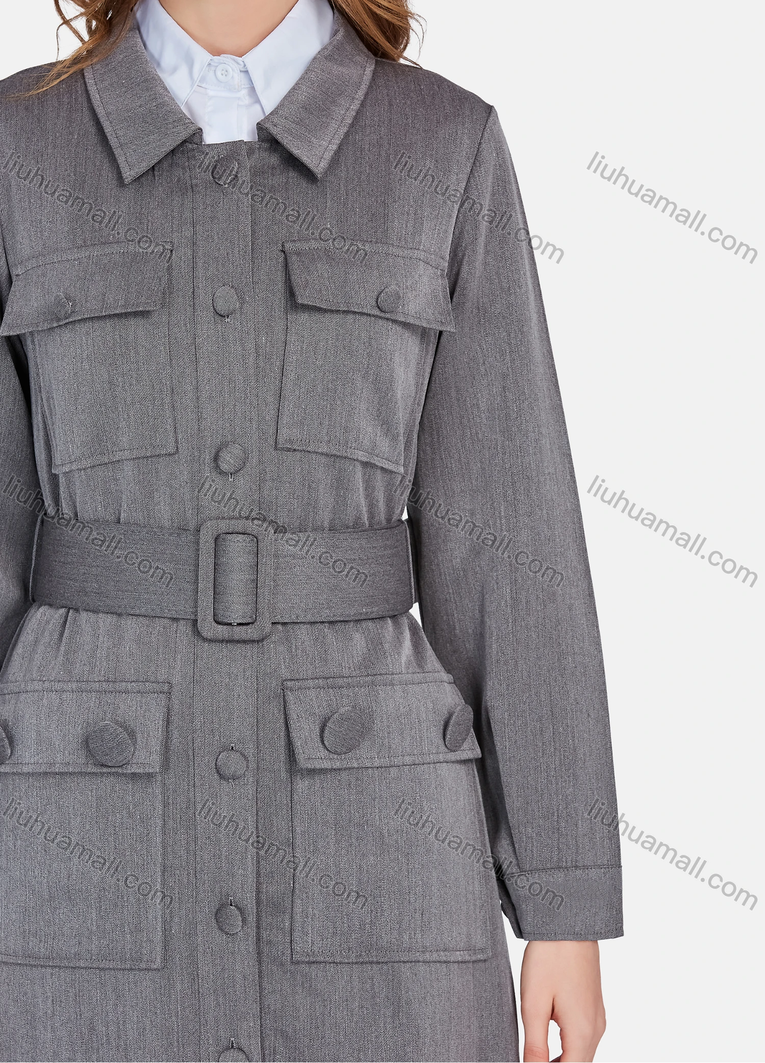 Wholesale Women's Plain Collared Long Sleeve Buttons Down Flap Pockets Long Trench Coat & Pants 2 Piece Uniform Set W2046# - Liuhuamall