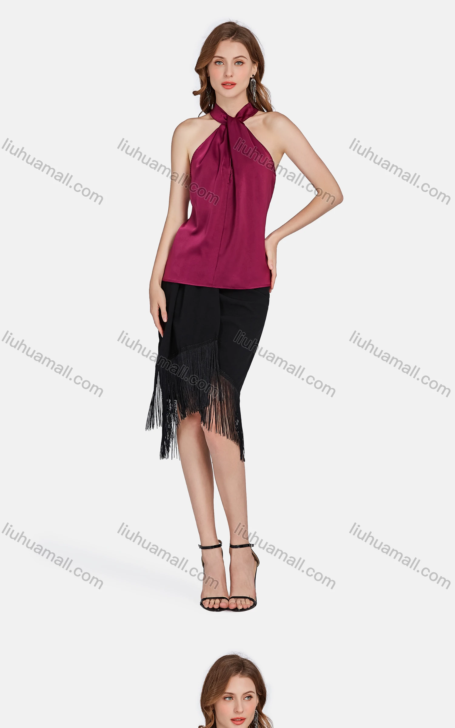 Wholesale Women's Glamorous Halter Neck Sleeveless Top & Tassel Hem Skirt 2-piece Set 6318-6319# - Liuhuamall