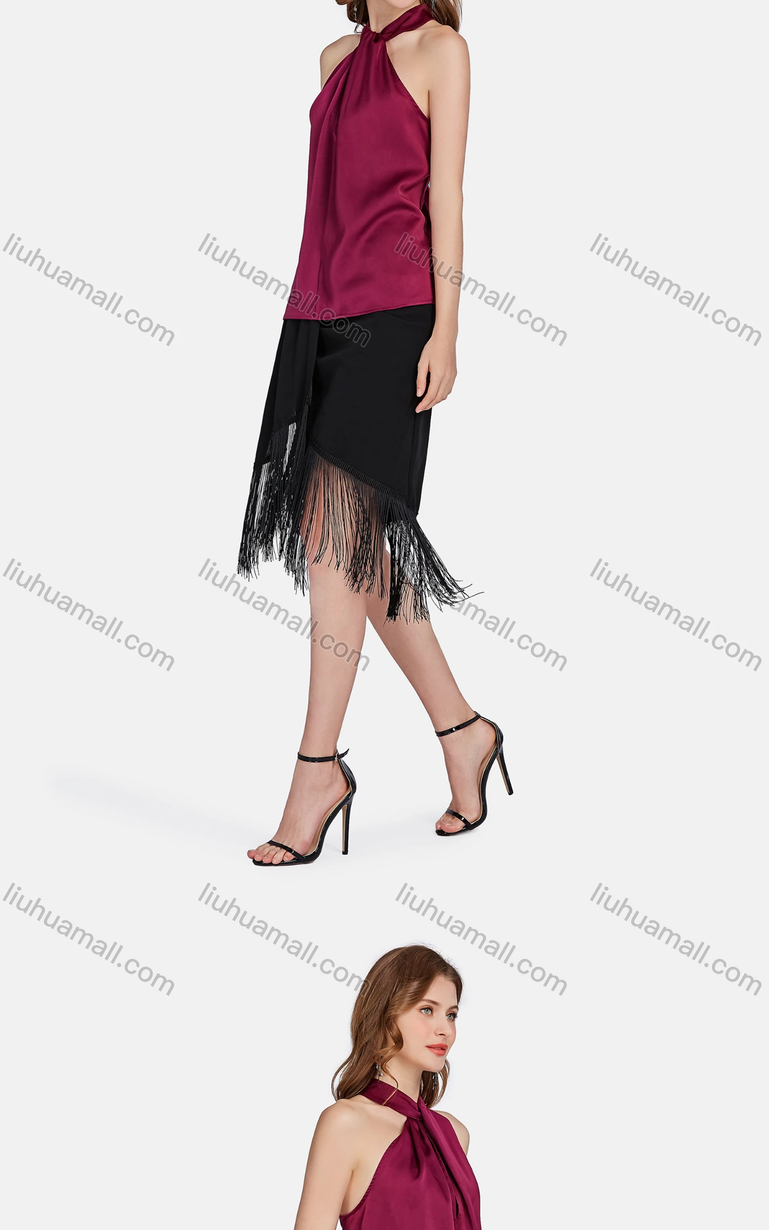 Wholesale Women's Glamorous Halter Neck Sleeveless Top & Tassel Hem Skirt 2-piece Set 6318-6319# - Liuhuamall