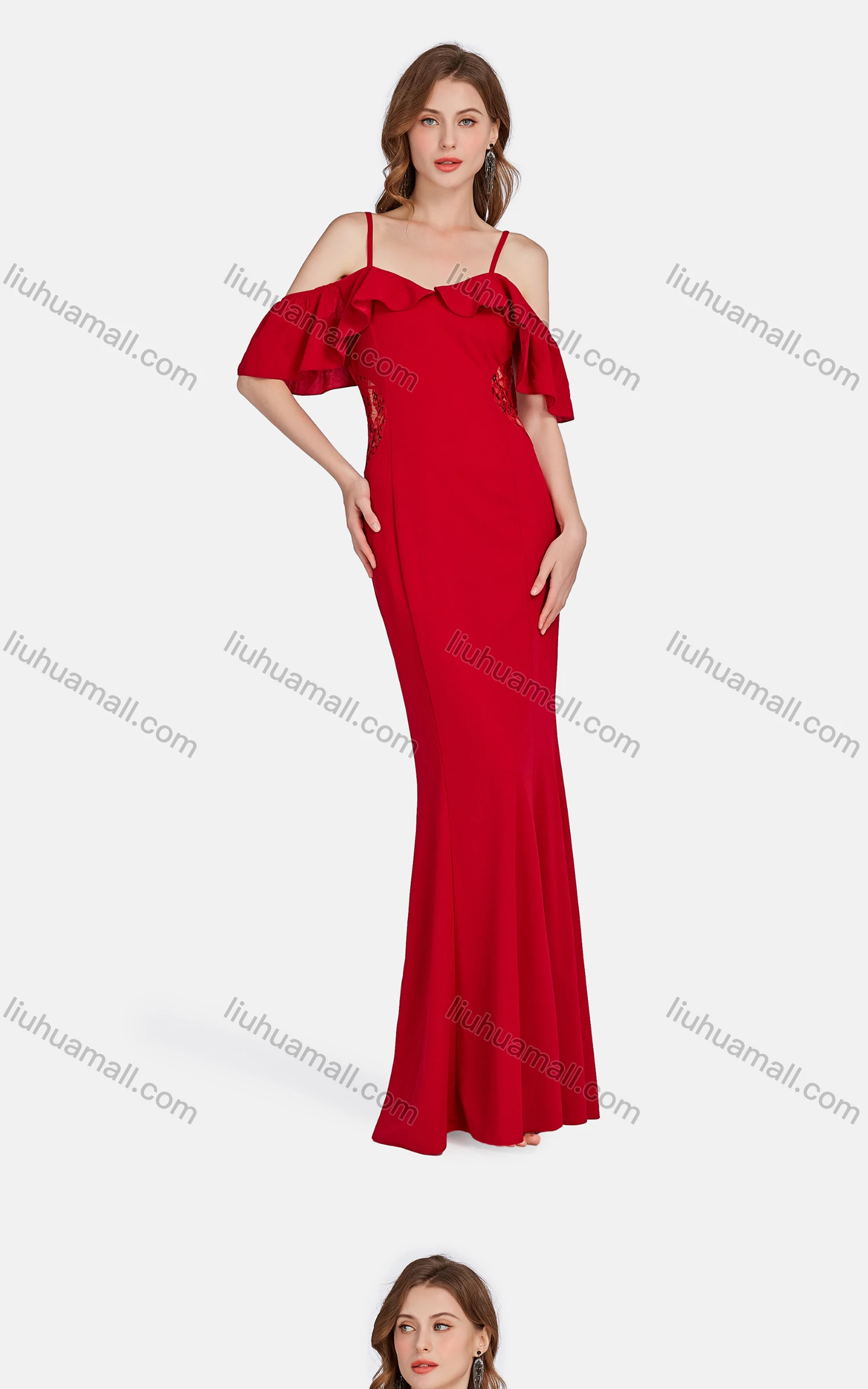 Wholesale Women's Elegant High Waist Cold Shoulder Ruffle Sleeve Evening Dress 3024# - Liuhuamall