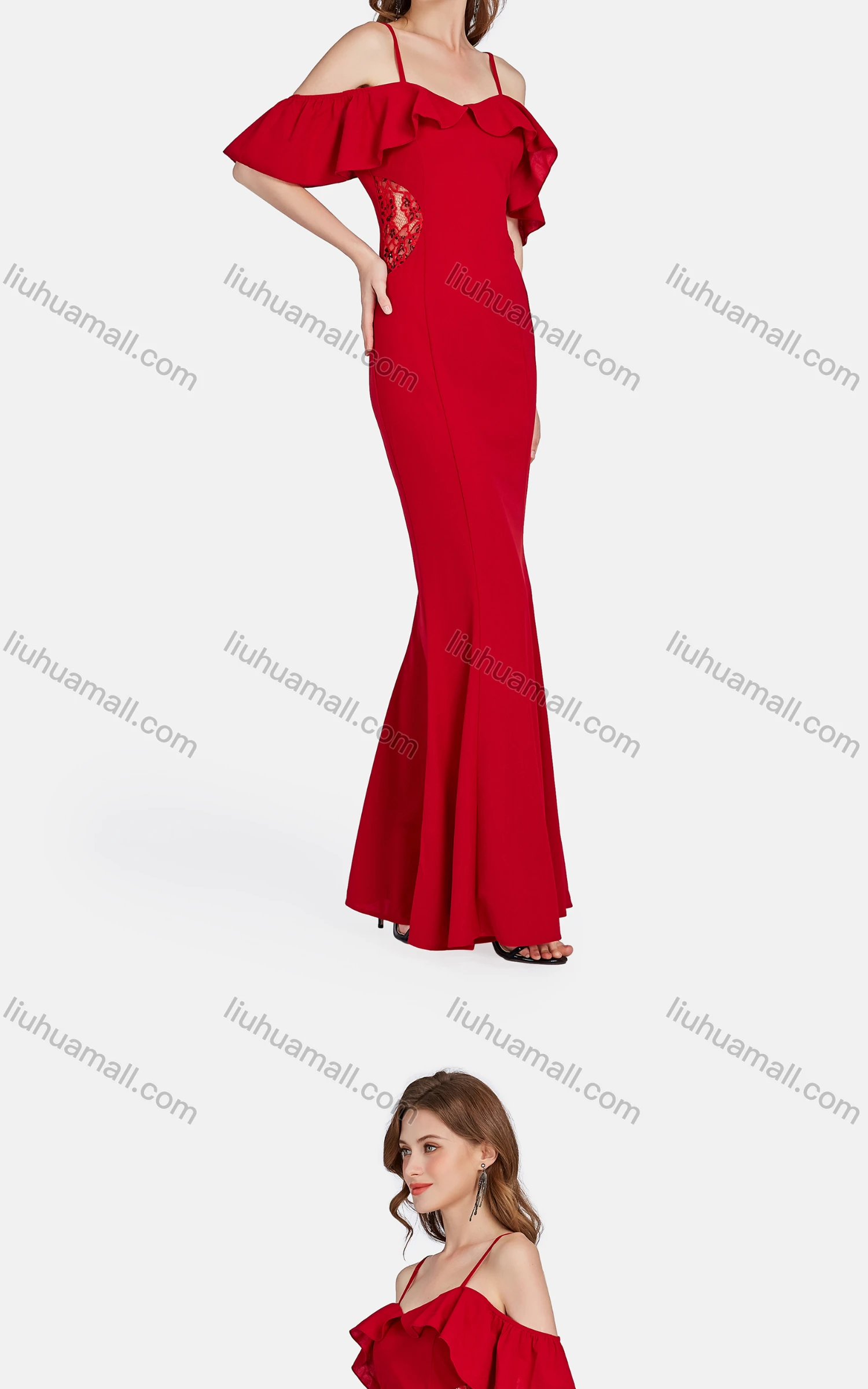 Wholesale Women's Elegant High Waist Cold Shoulder Ruffle Sleeve Evening Dress 3024# - Liuhuamall