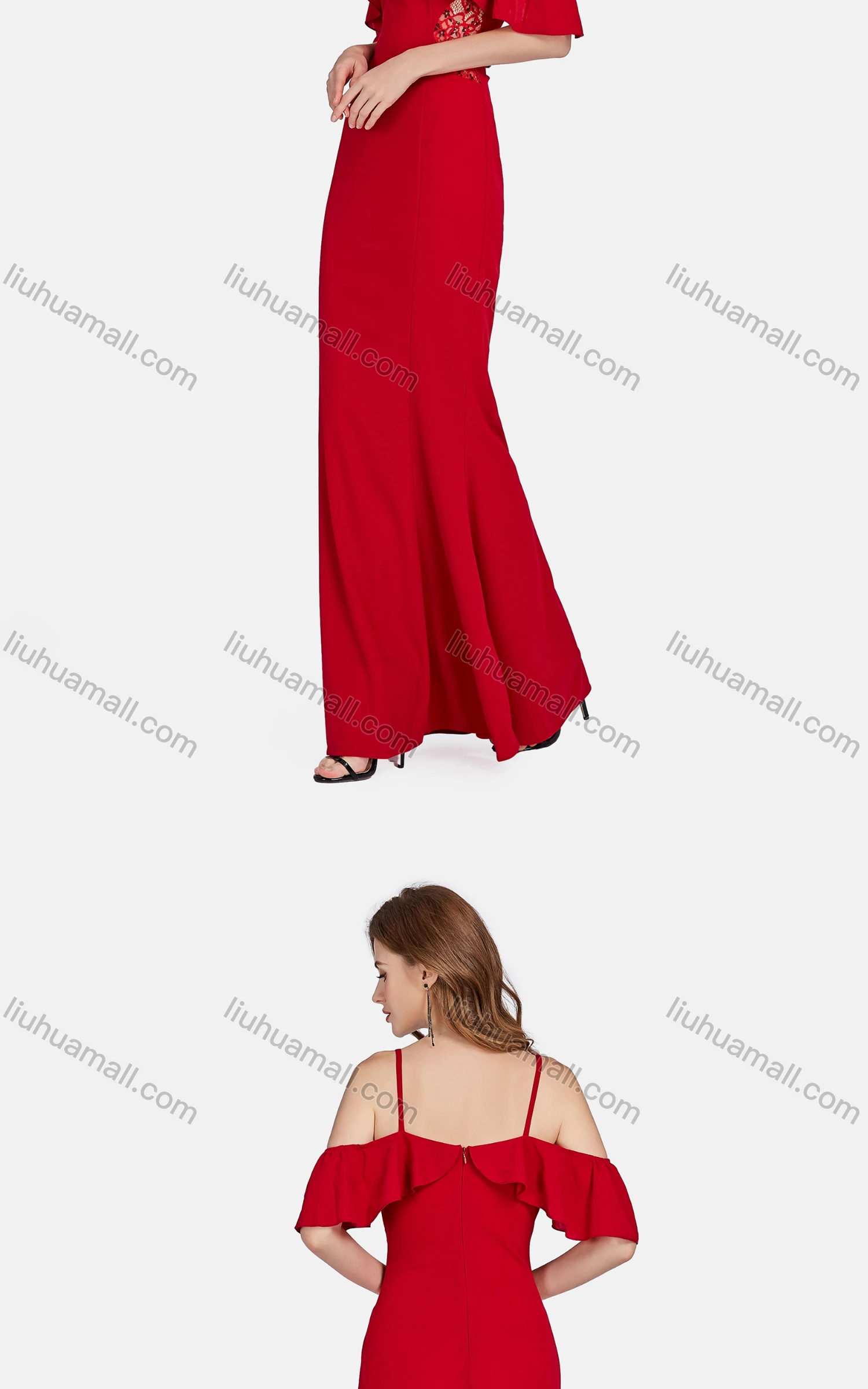 Wholesale Women's Elegant High Waist Cold Shoulder Ruffle Sleeve Evening Dress 3024# - Liuhuamall