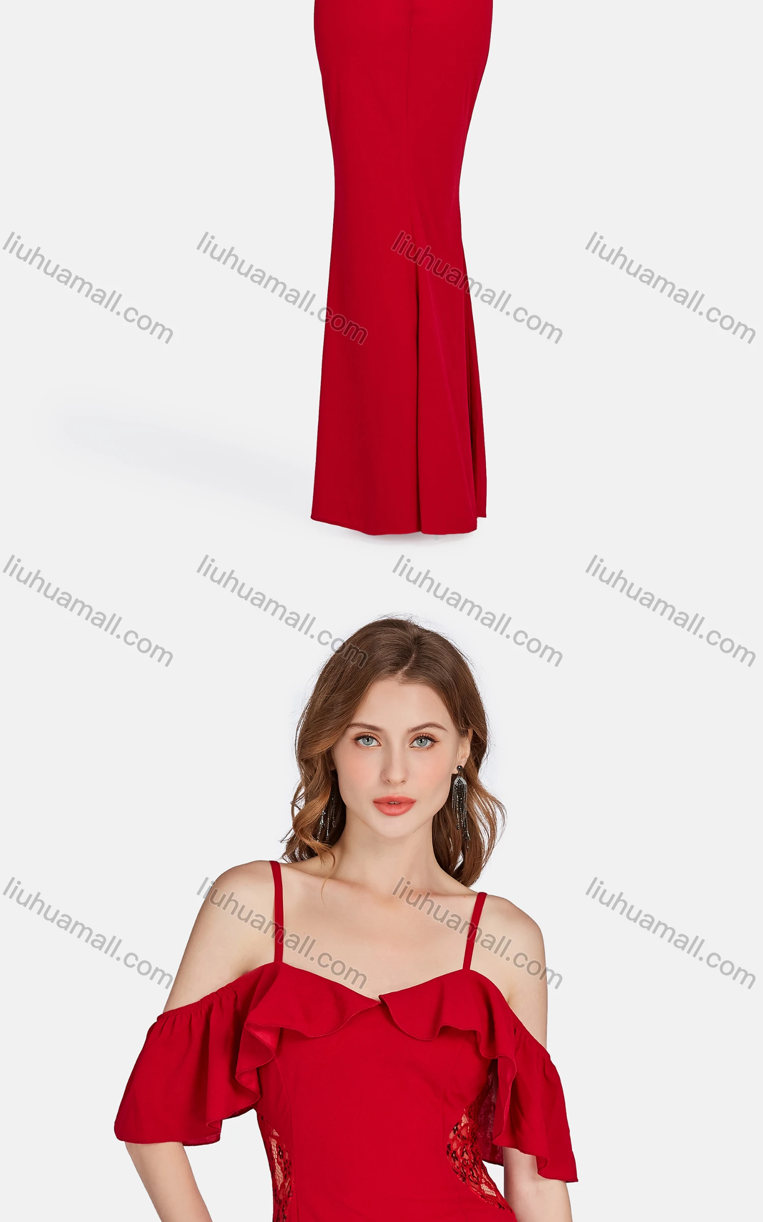 Wholesale Women's Elegant High Waist Cold Shoulder Ruffle Sleeve Evening Dress 3024# - Liuhuamall