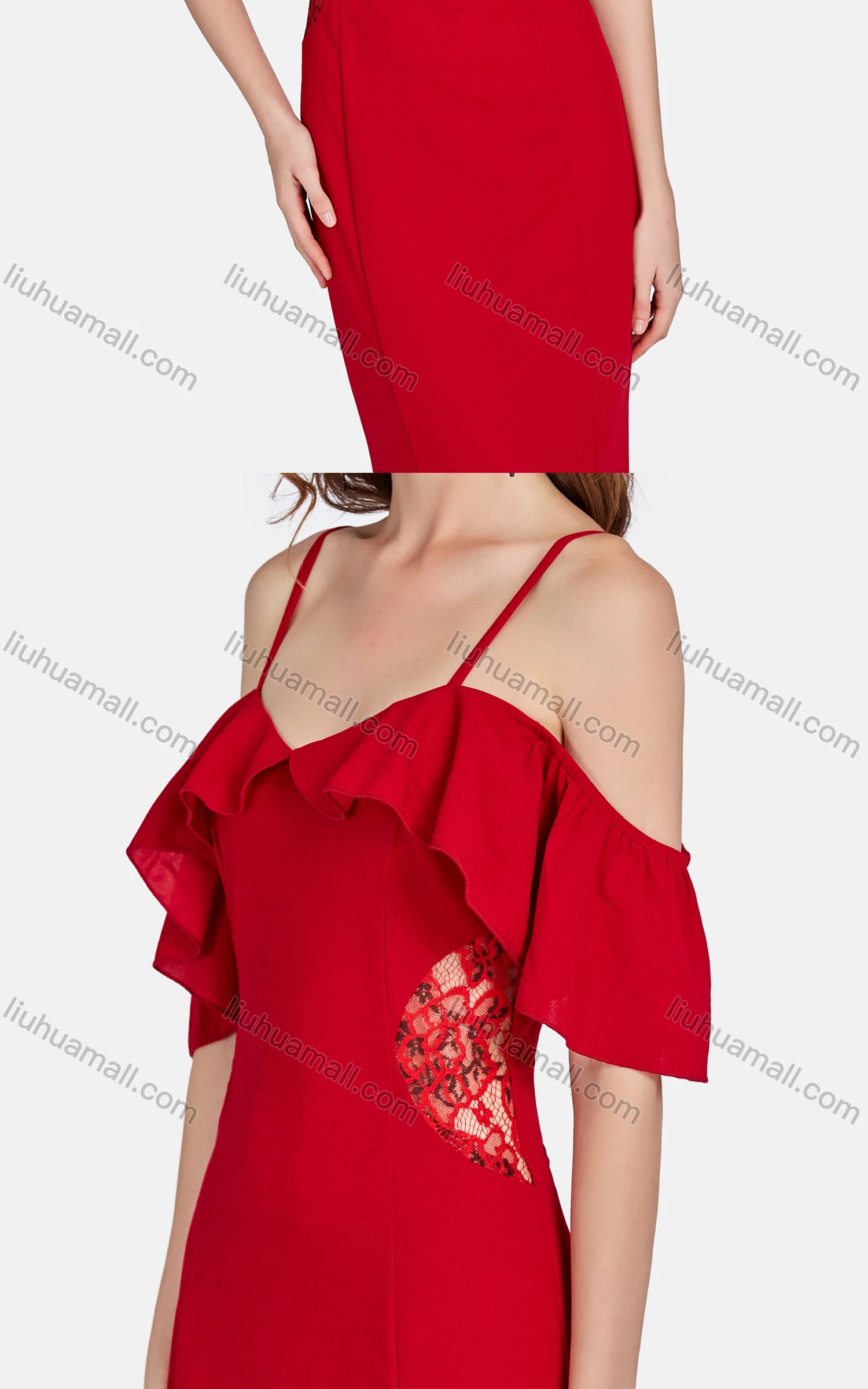 Wholesale Women's Elegant High Waist Cold Shoulder Ruffle Sleeve Evening Dress 3024# - Liuhuamall