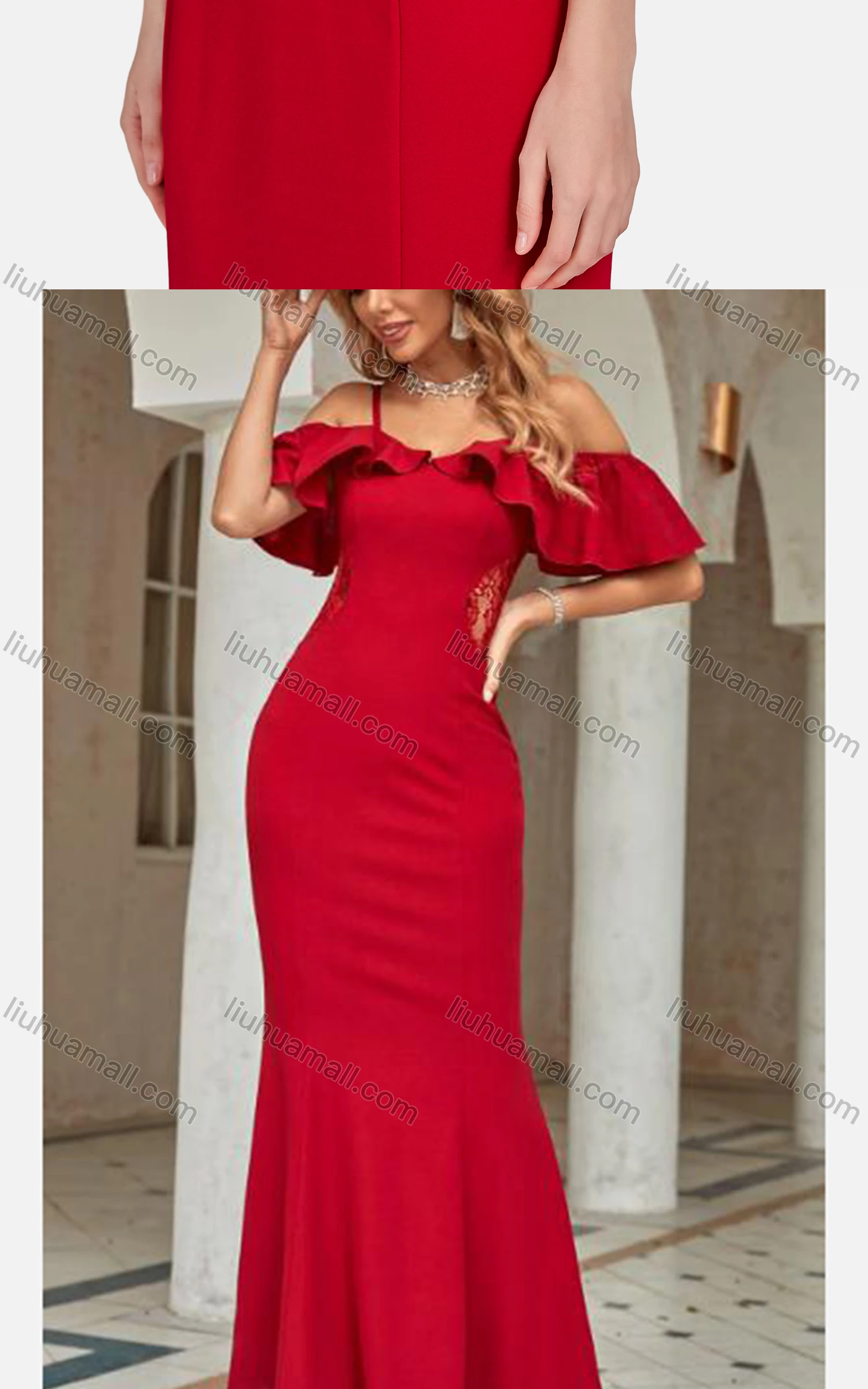 Wholesale Women's Elegant High Waist Cold Shoulder Ruffle Sleeve Evening Dress 3024# - Liuhuamall
