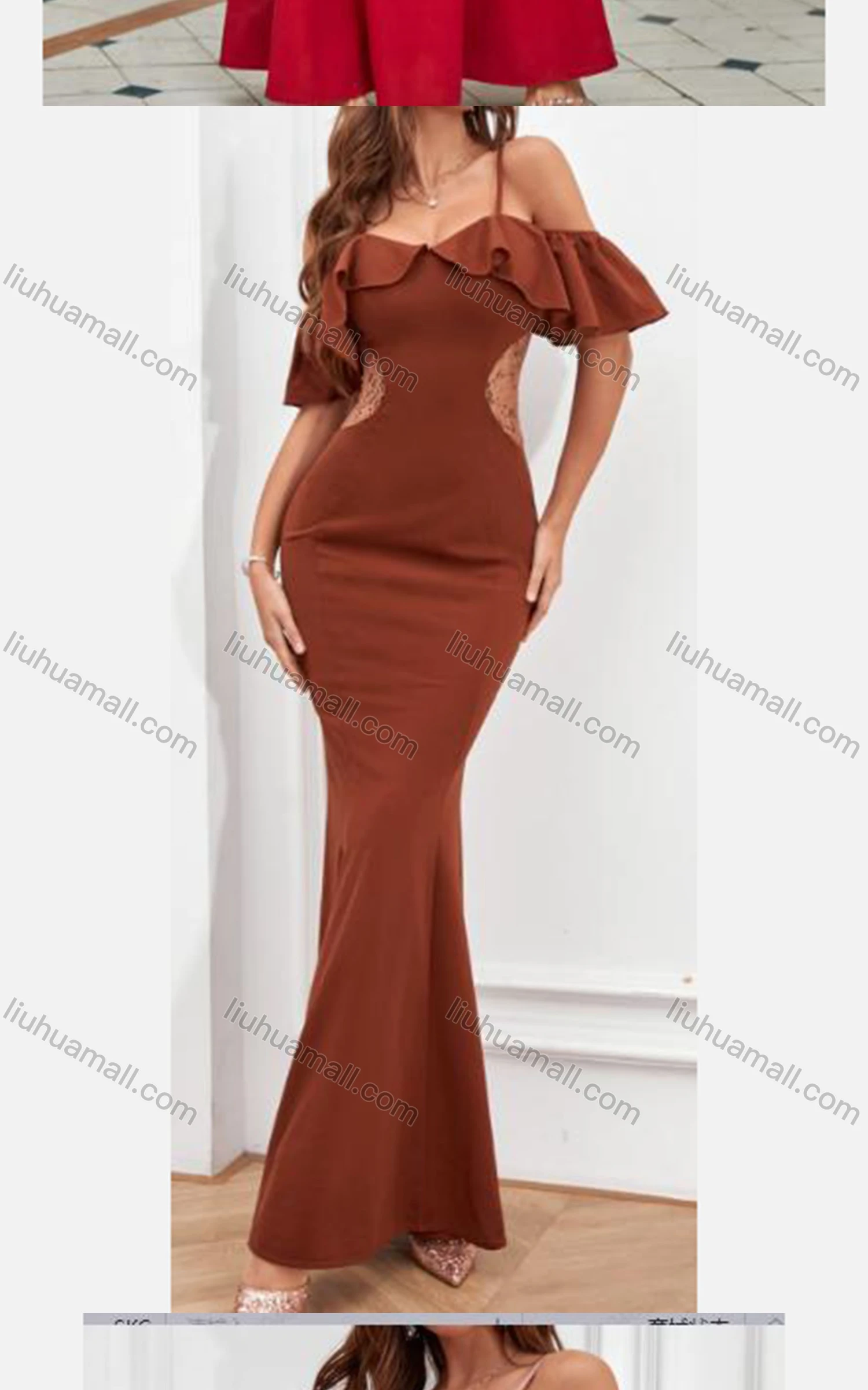 Wholesale Women's Elegant High Waist Cold Shoulder Ruffle Sleeve Evening Dress 3024# - Liuhuamall