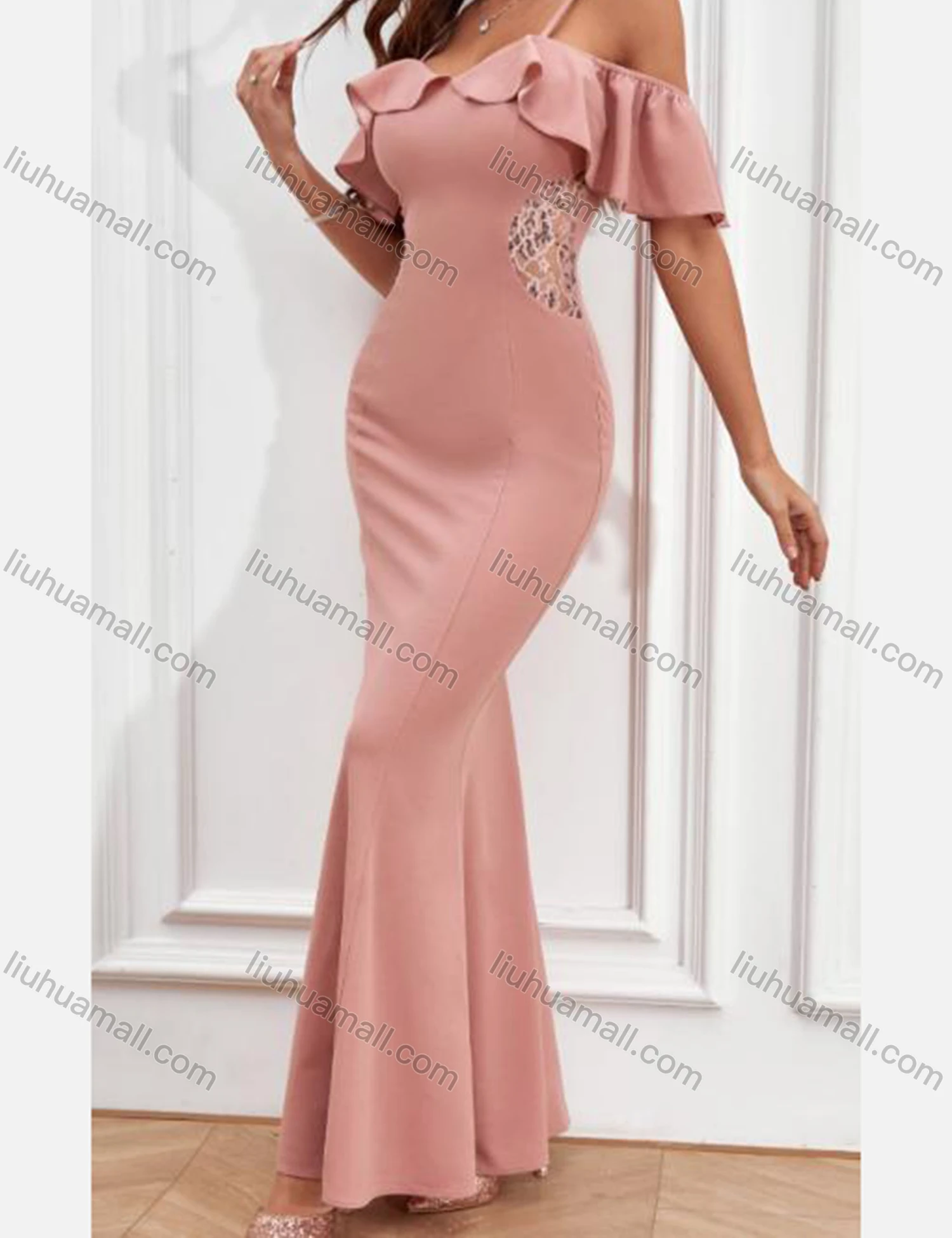Wholesale Women's Elegant High Waist Cold Shoulder Ruffle Sleeve Evening Dress 3024# - Liuhuamall