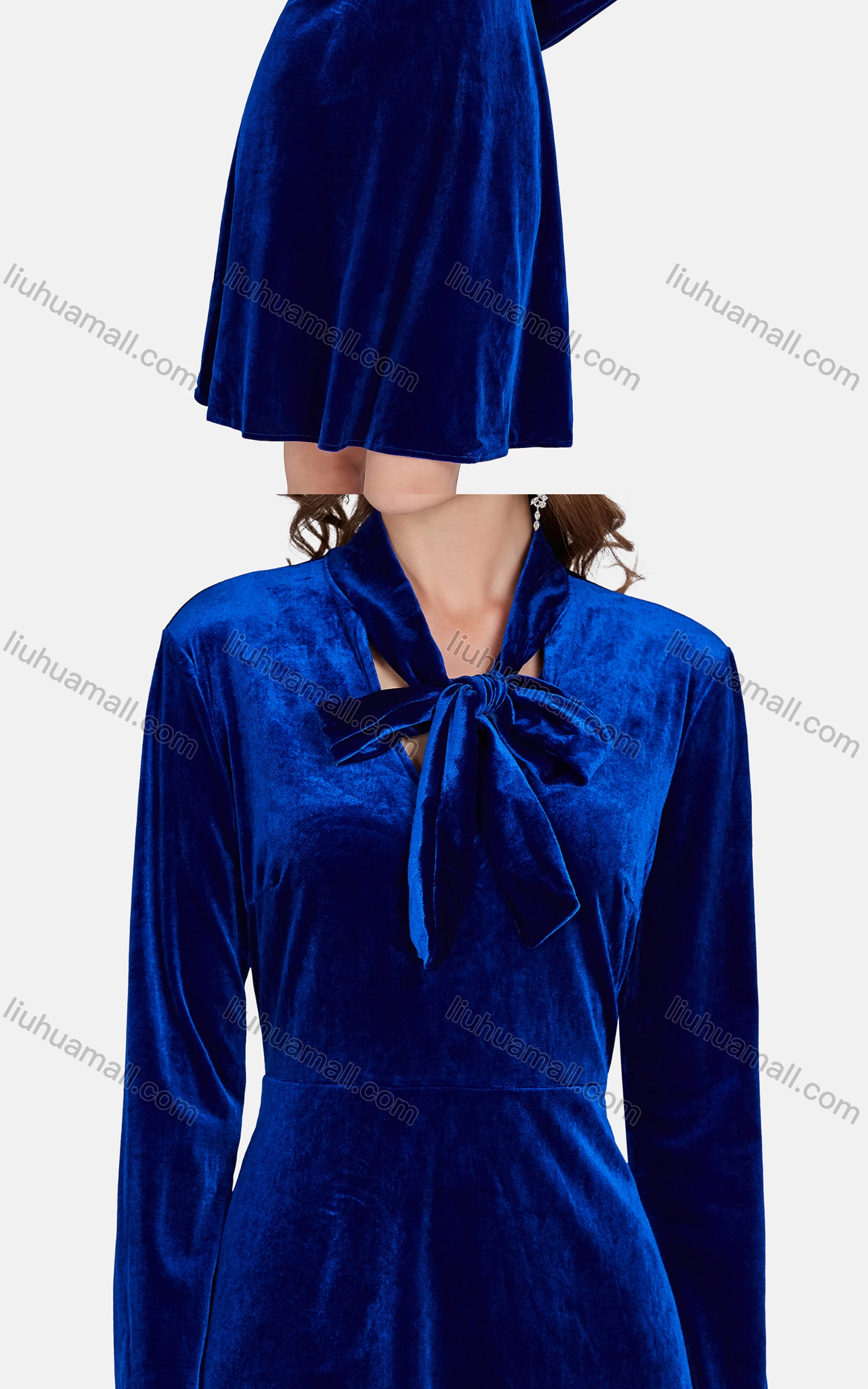 Wholesale Women's Elegant Tie Neck Long Sleeve High Waist Golden Velvet Short Dress 5013A# - Liuhuamall