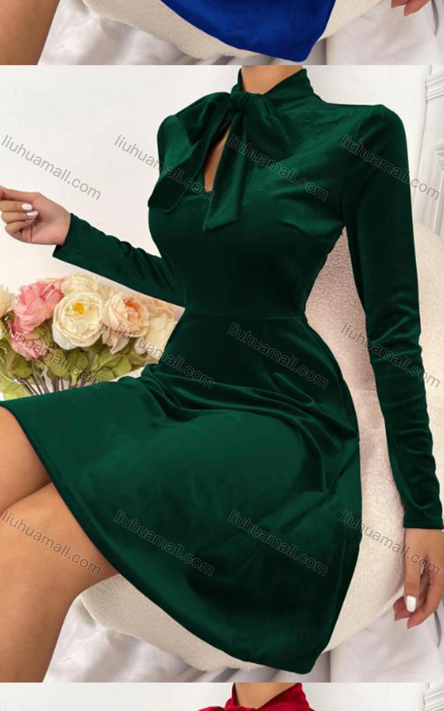 Wholesale Women's Elegant Tie Neck Long Sleeve High Waist Golden Velvet Short Dress 5013A# - Liuhuamall