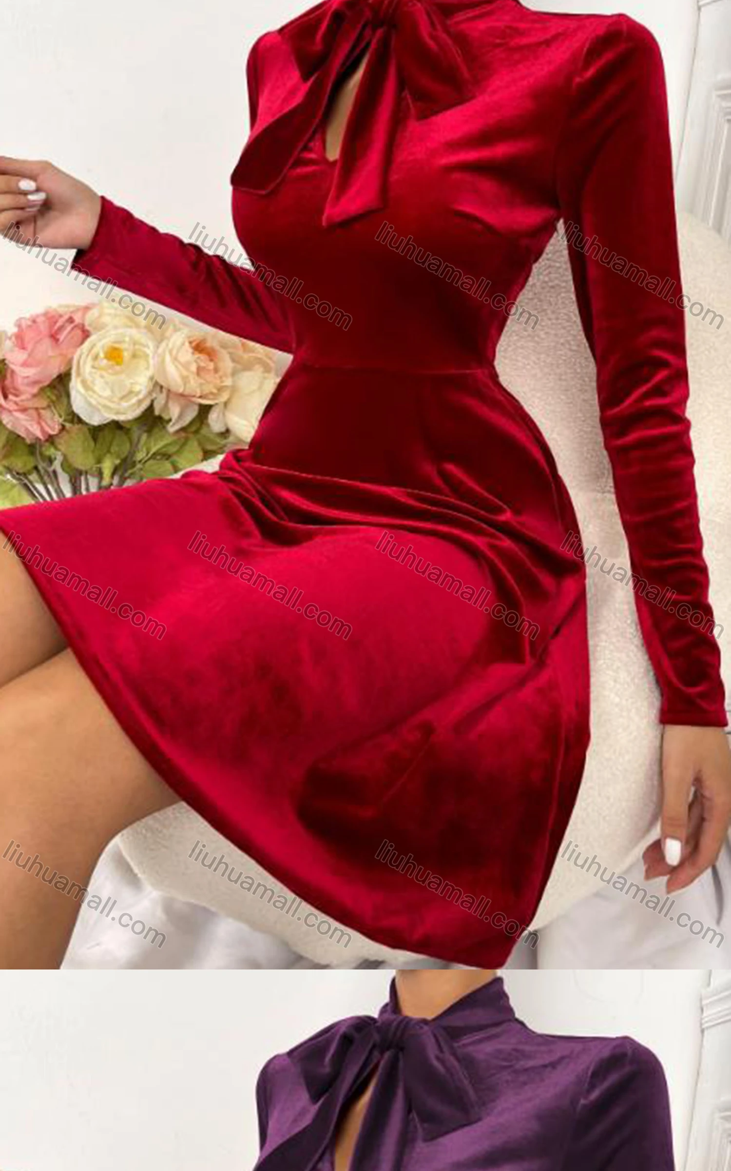 Wholesale Women's Elegant Tie Neck Long Sleeve High Waist Golden Velvet Short Dress 5013A# - Liuhuamall