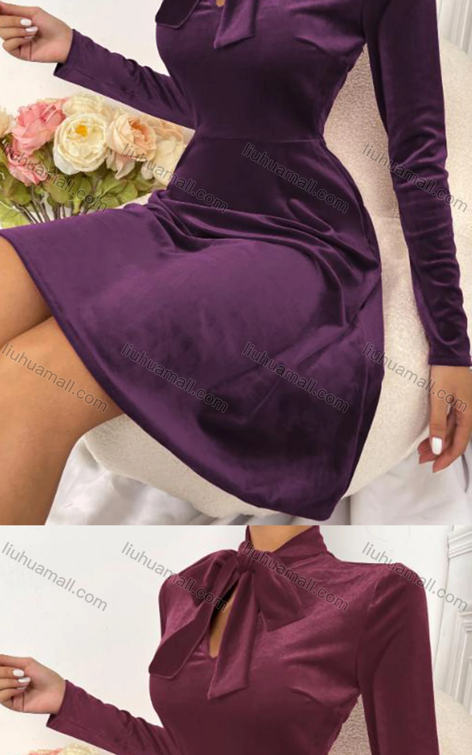 Wholesale Women's Elegant Tie Neck Long Sleeve High Waist Golden Velvet Short Dress 5013A# - Liuhuamall