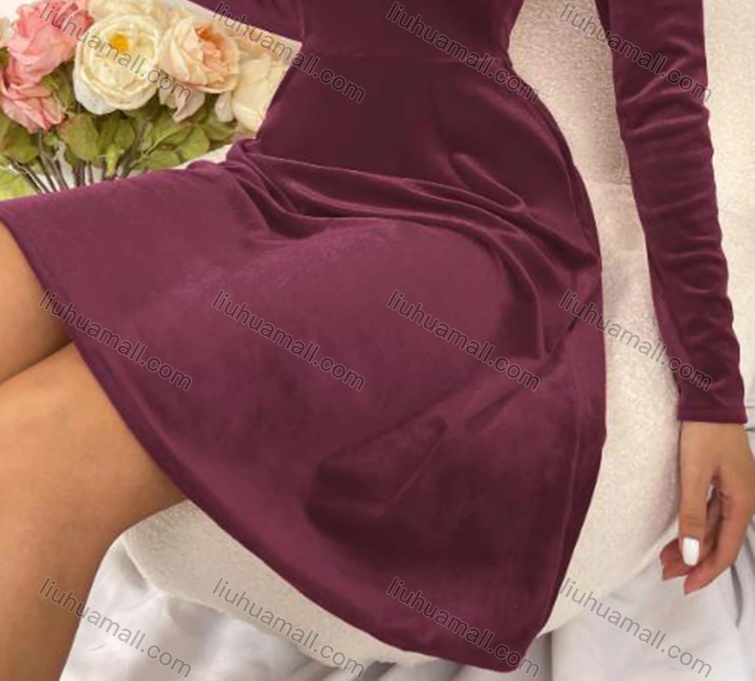 Wholesale Women's Elegant Tie Neck Long Sleeve High Waist Golden Velvet Short Dress 5013A# - Liuhuamall