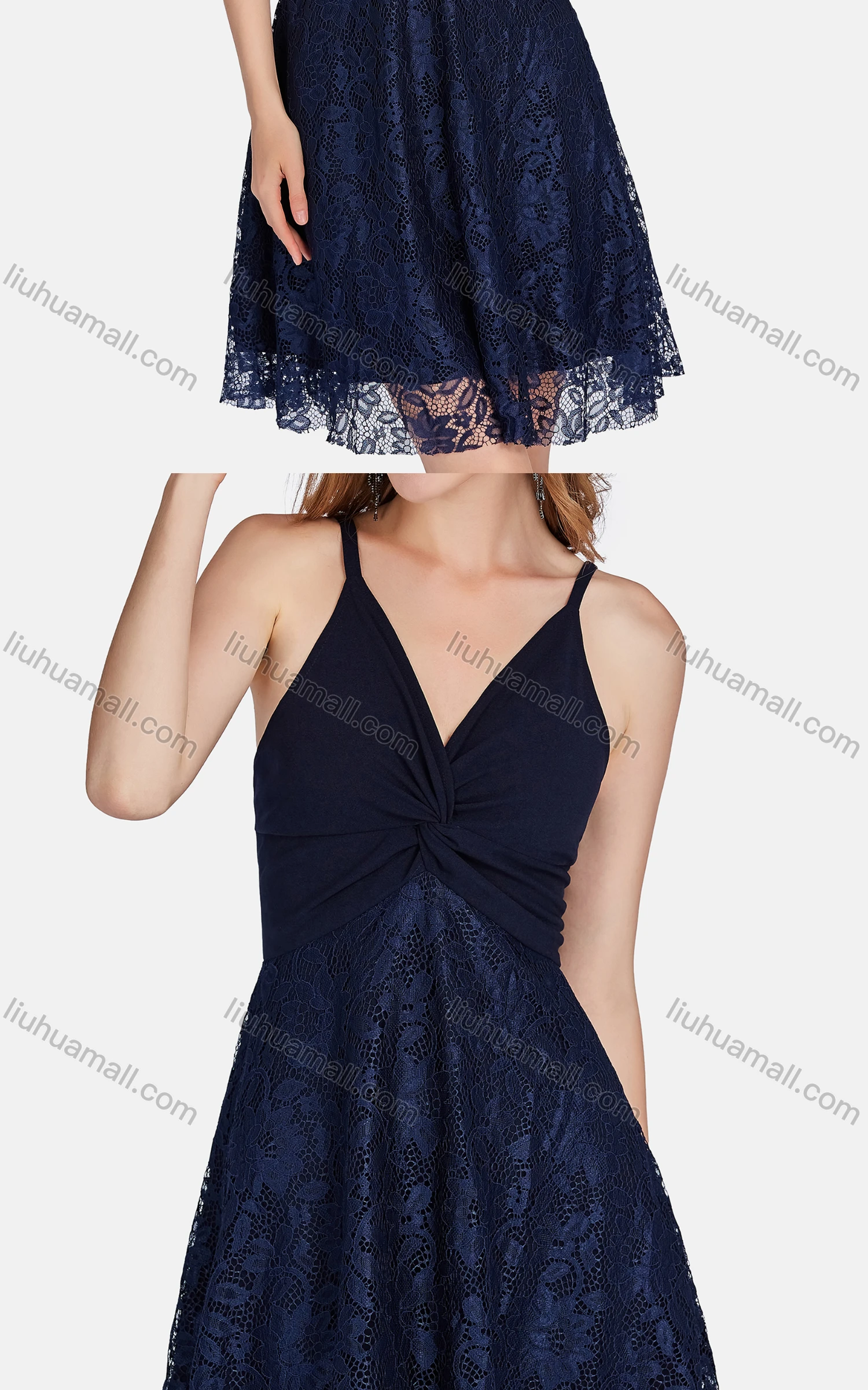 Wholesale Women's Glamorous Spaghetti Strap Guipure Lace Twist High Waist Short Dress 2617# - Liuhuamall