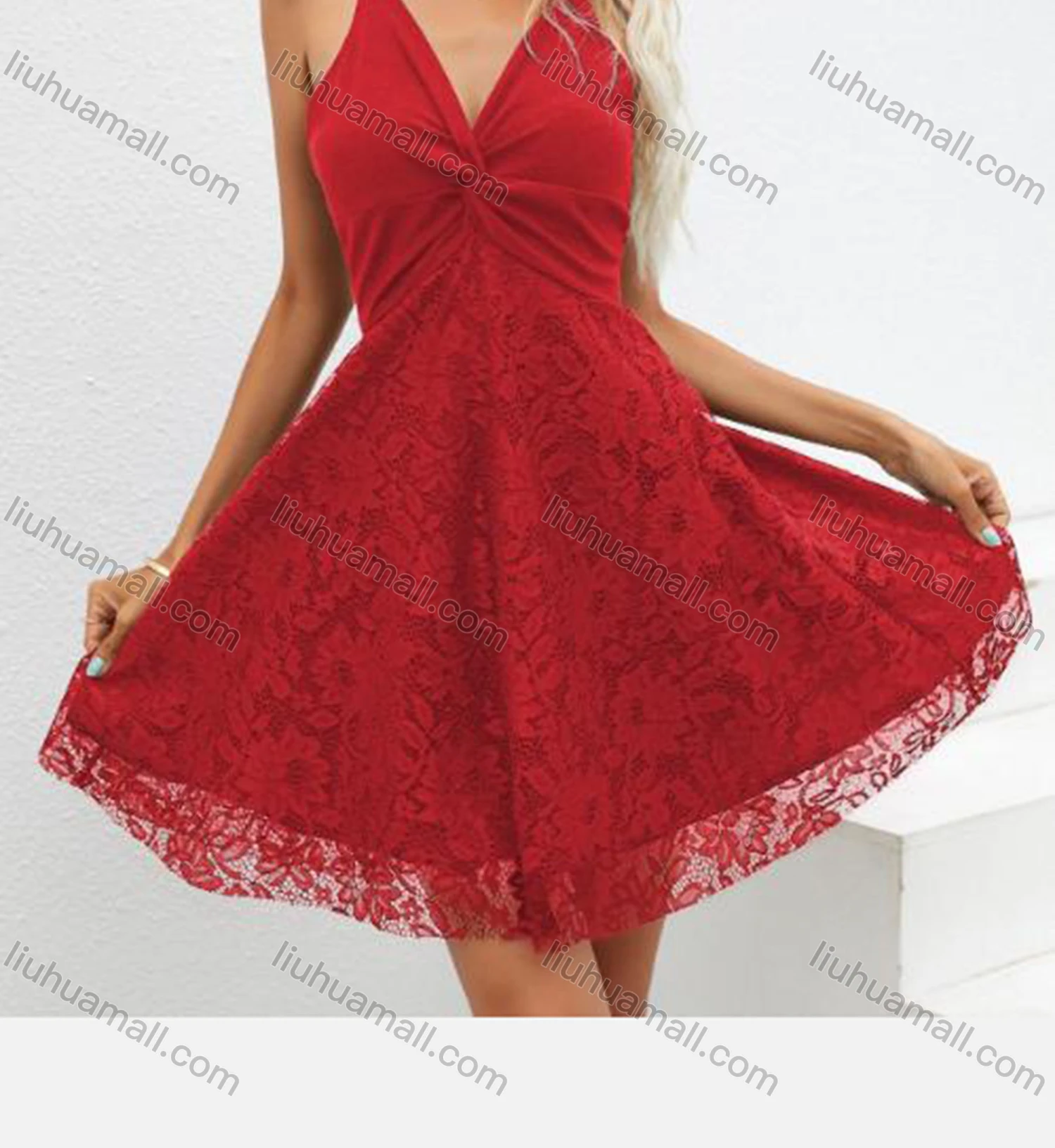 Wholesale Women's Glamorous Spaghetti Strap Guipure Lace Twist High Waist Short Dress 2617# - Liuhuamall