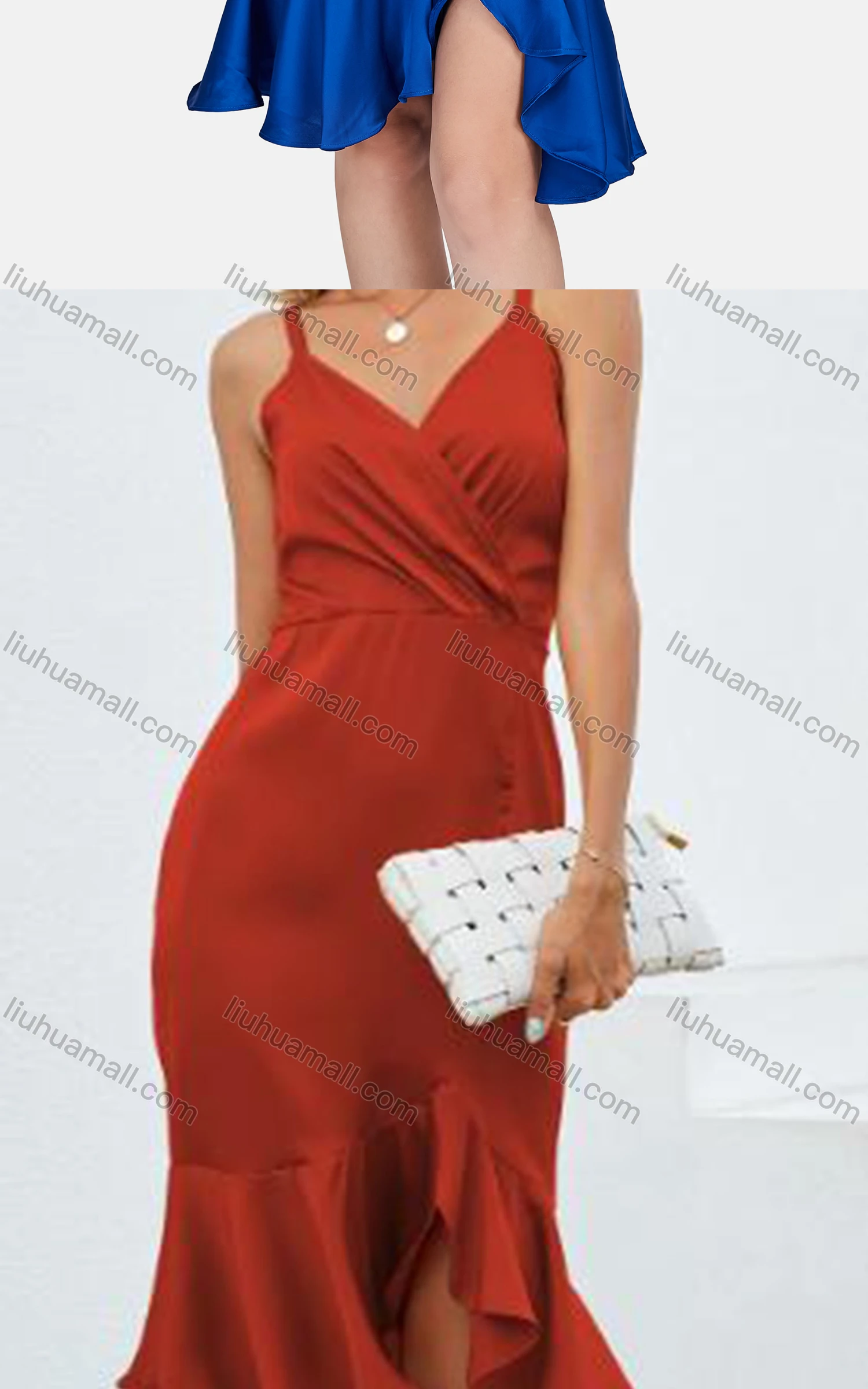 Wholesale Women's Glamorous Spaghetti Strap Satin High Waist Ruffle Hem Cami Dress 2296# - Liuhuamall