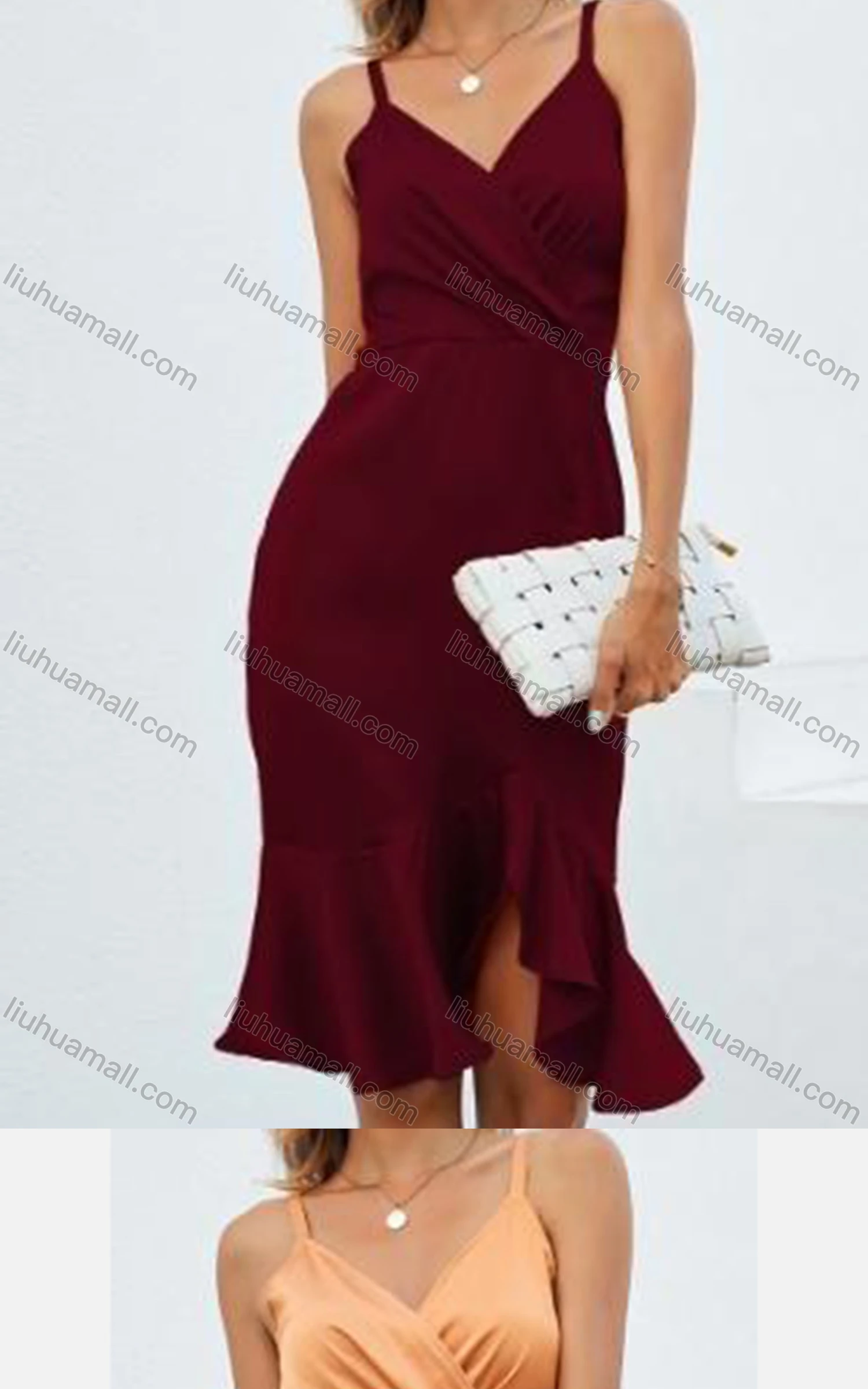 Wholesale Women's Glamorous Spaghetti Strap Satin High Waist Ruffle Hem Cami Dress 2296# - Liuhuamall