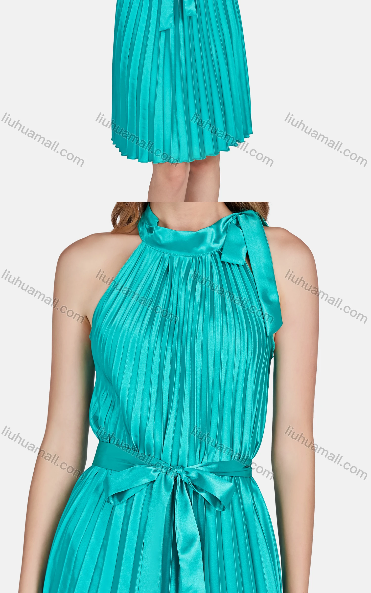 Wholesale Women's Glamorous Halter Sleeveless Plain Tie Front Pleated High Waist Dress 2331# - Liuhuamall