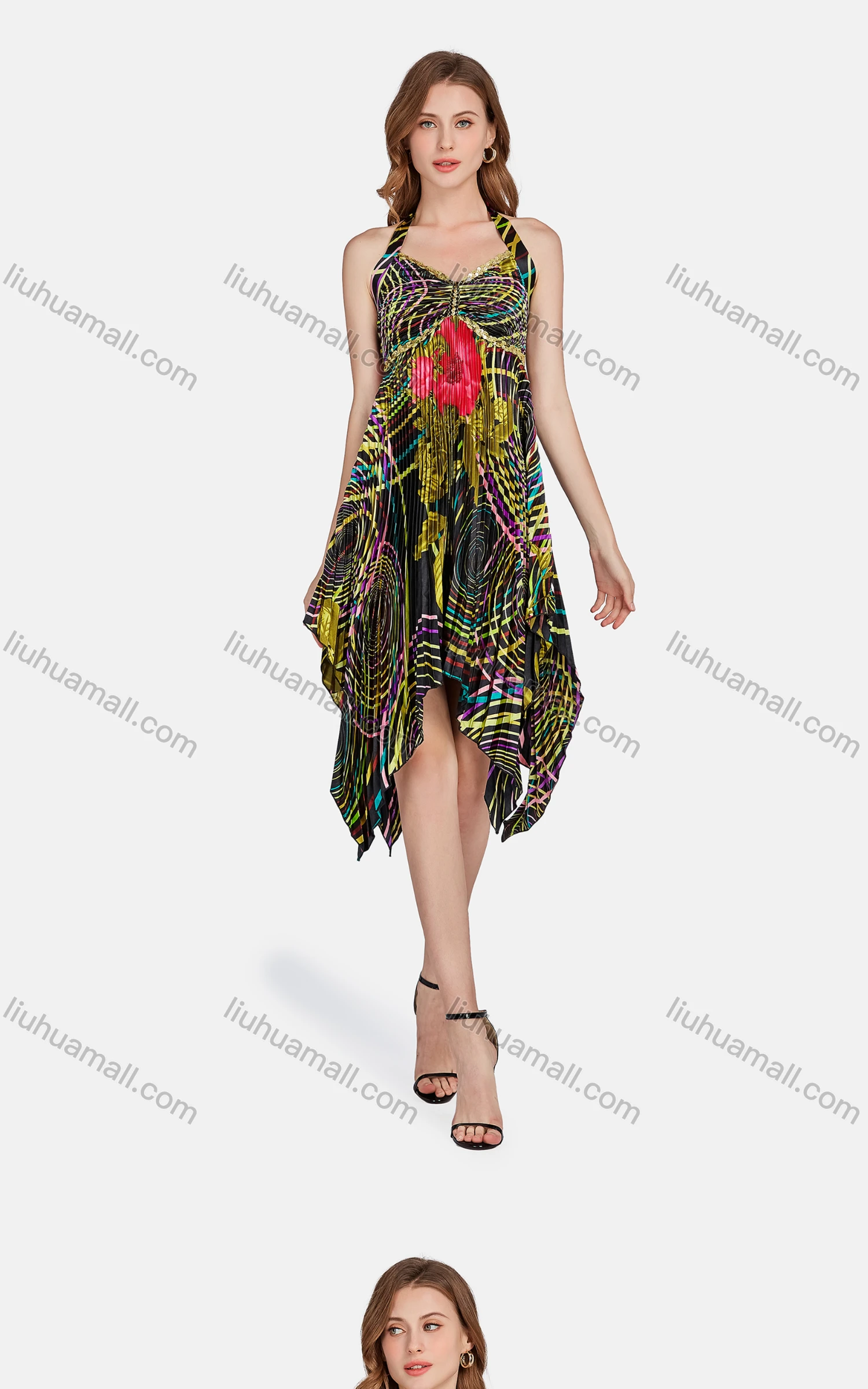 Wholesale Women's Sexy Spaghetti Strap Sleeveless Floral Hanky Hem Cami Dress 7331# - Liuhuamall