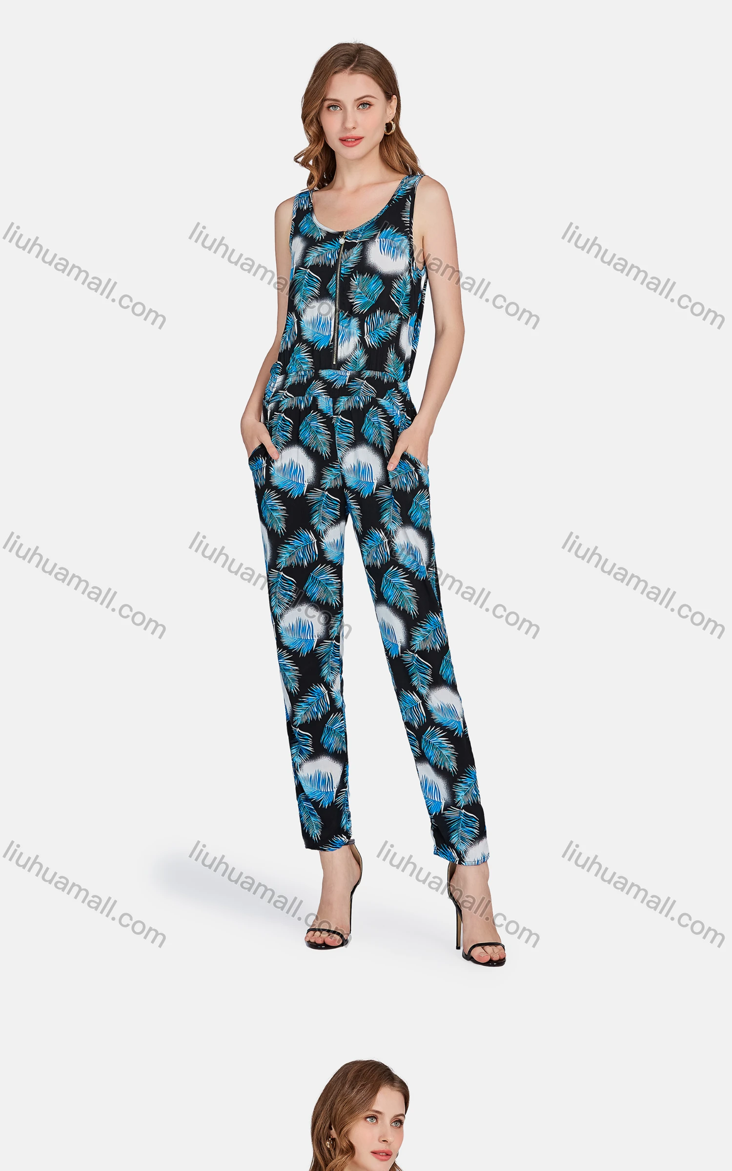 Wholesale Women's Casual High Waist Leaf Zip Front Jumpsuit 2047# - Liuhuamall