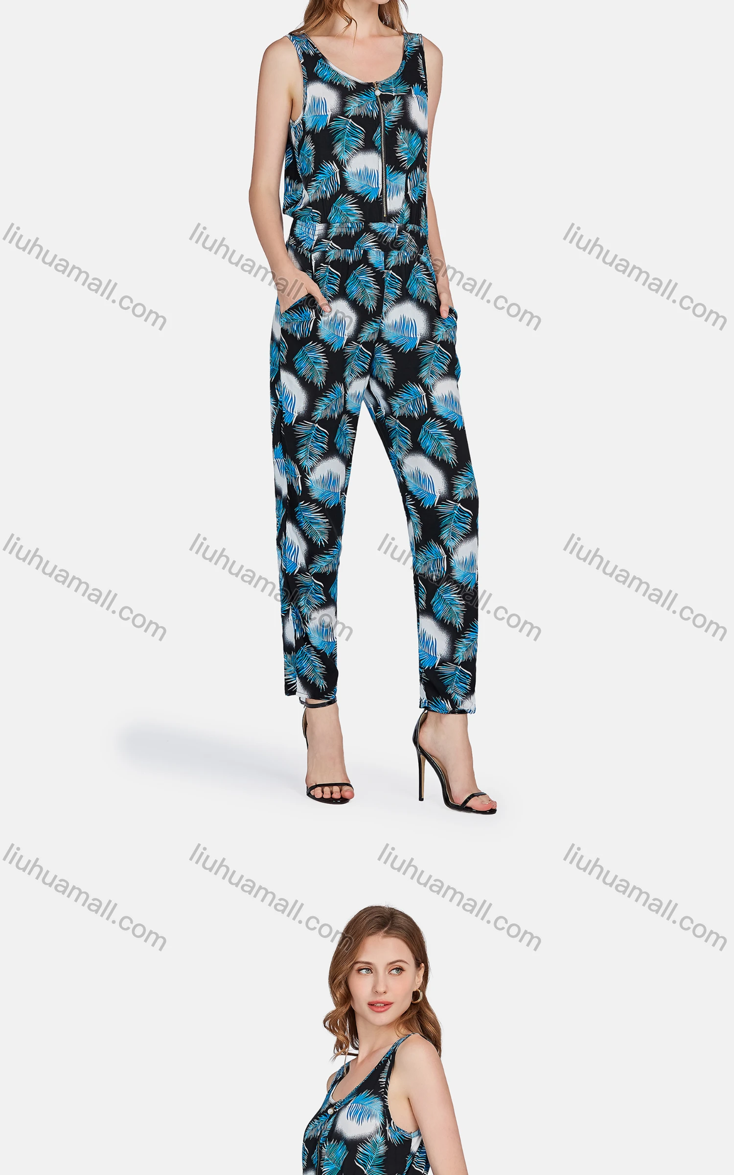 Wholesale Women's Casual High Waist Leaf Zip Front Jumpsuit 2047# - Liuhuamall