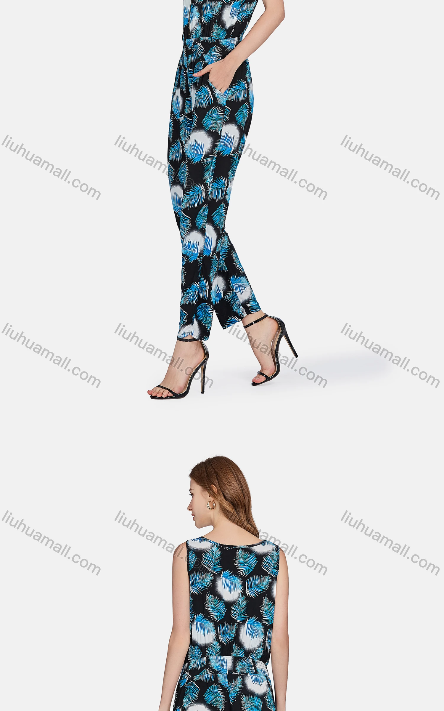 Wholesale Women's Casual High Waist Leaf Zip Front Jumpsuit 2047# - Liuhuamall