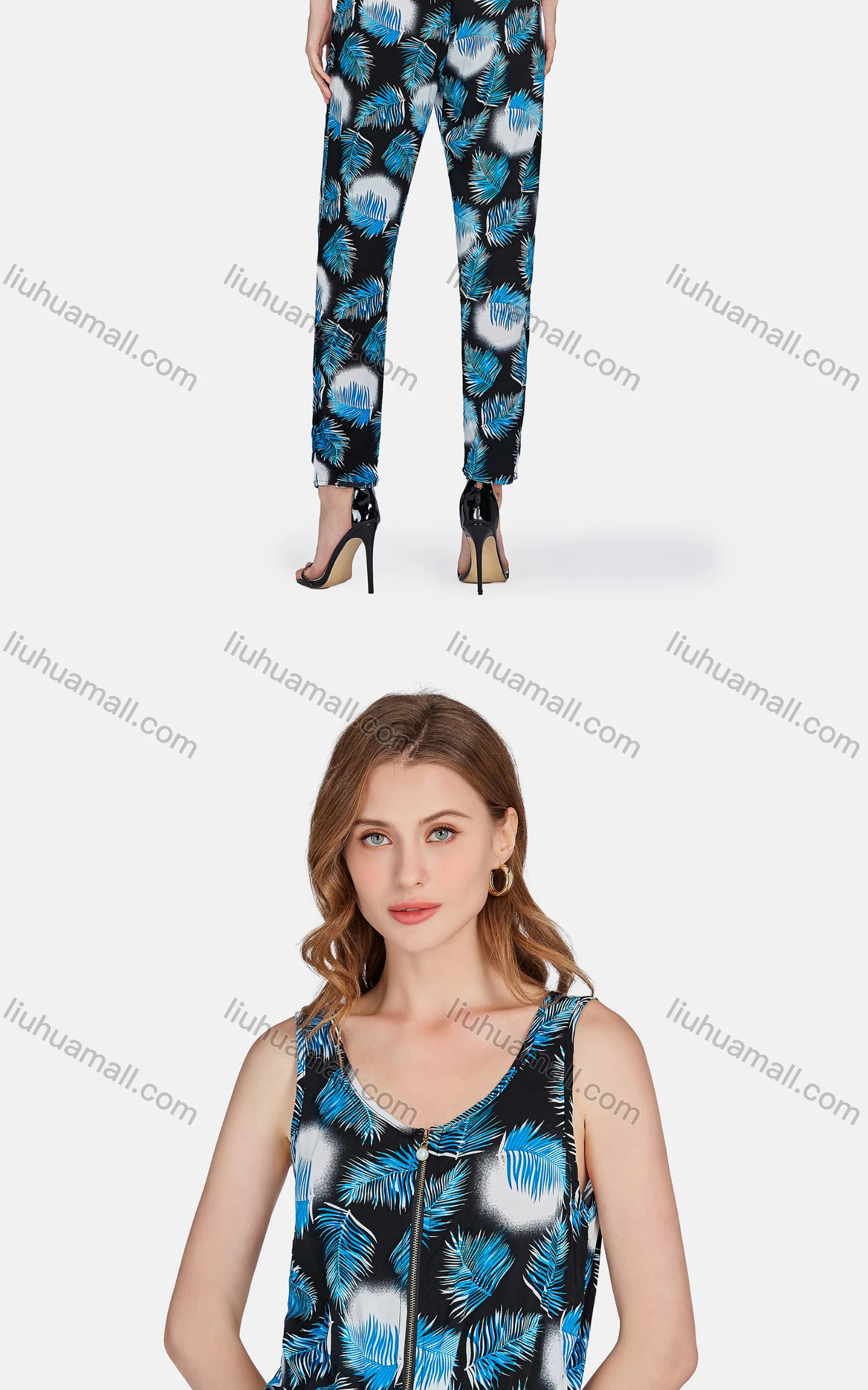 Wholesale Women's Casual High Waist Leaf Zip Front Jumpsuit 2047# - Liuhuamall