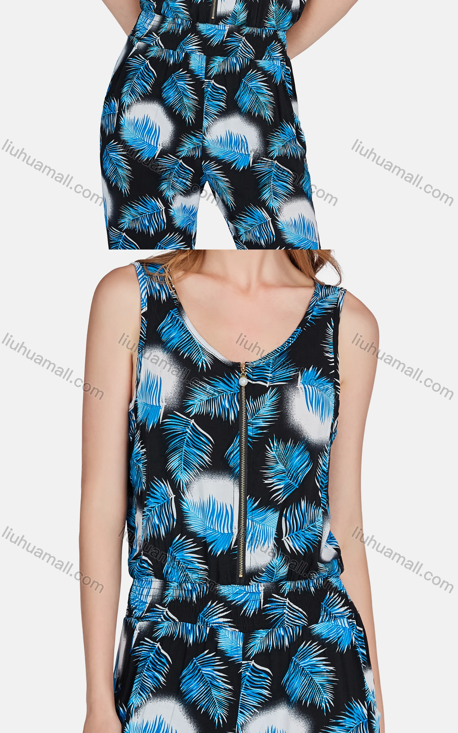 Wholesale Women's Casual High Waist Leaf Zip Front Jumpsuit 2047# - Liuhuamall