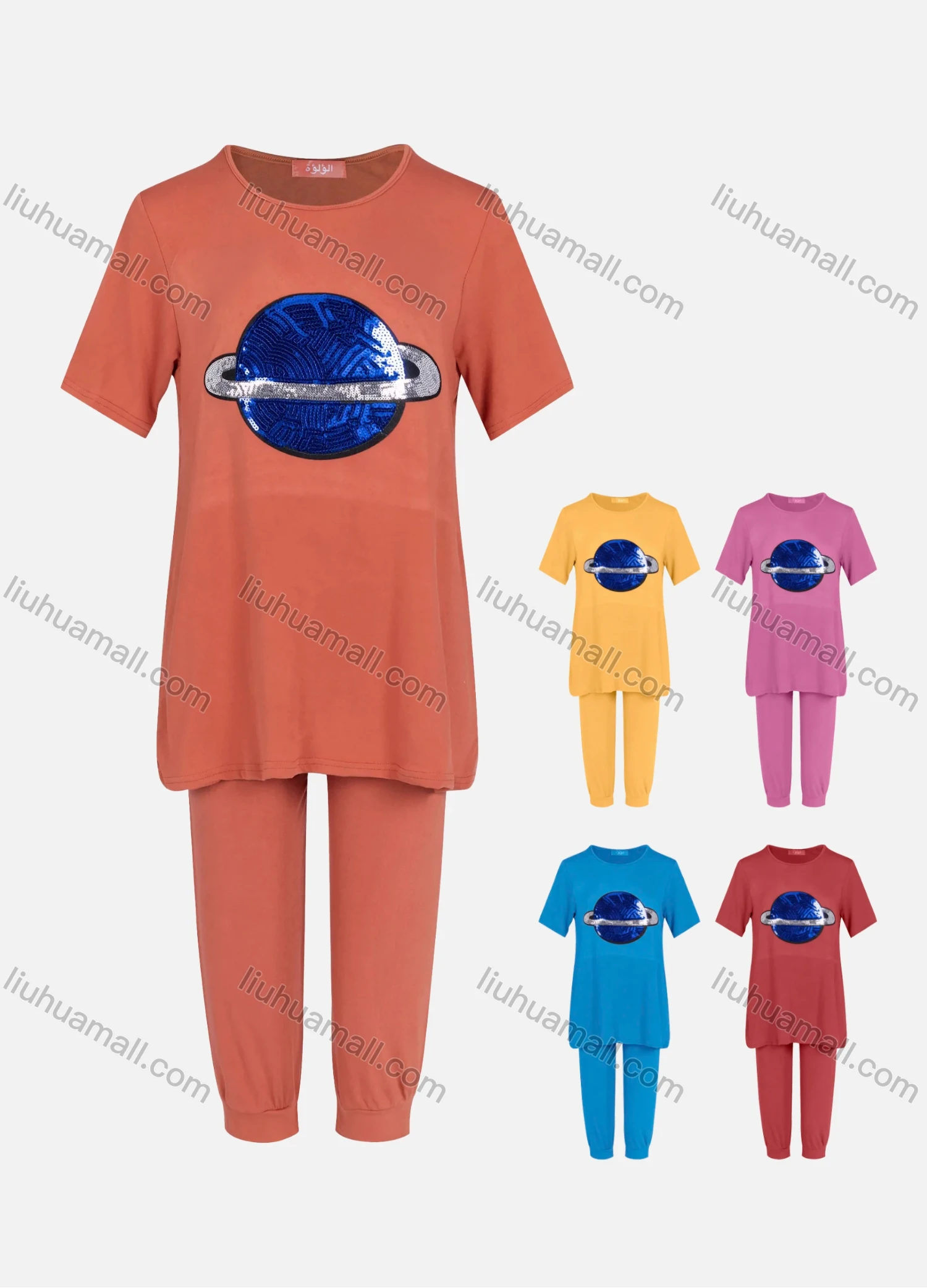 Wholesale Women's Casual Round Neck Short Sleeve Sequins Tee & Pants 2 Piece Set 3399# - Liuhuamall