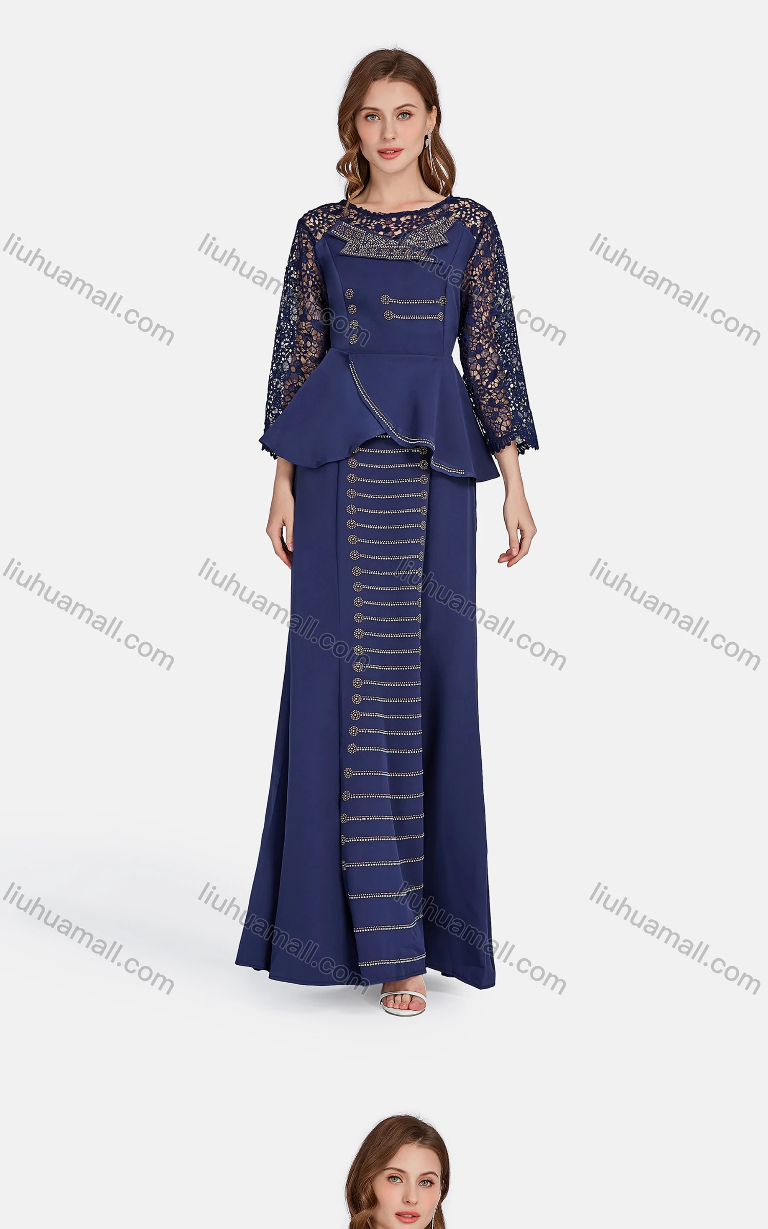 Wholesale Women's Elegant Lace Sleeve Ruffle Hem Rhinestone Plain Blouse 2-piece Set 3441# - Liuhuamall