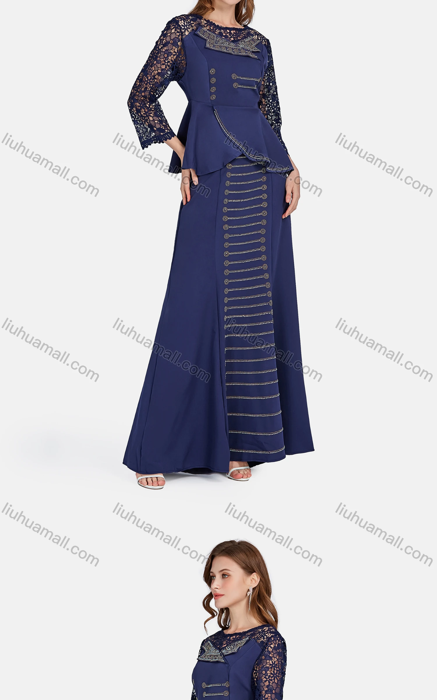 Wholesale Women's Elegant Lace Sleeve Ruffle Hem Rhinestone Plain Blouse 2-piece Set 3441# - Liuhuamall