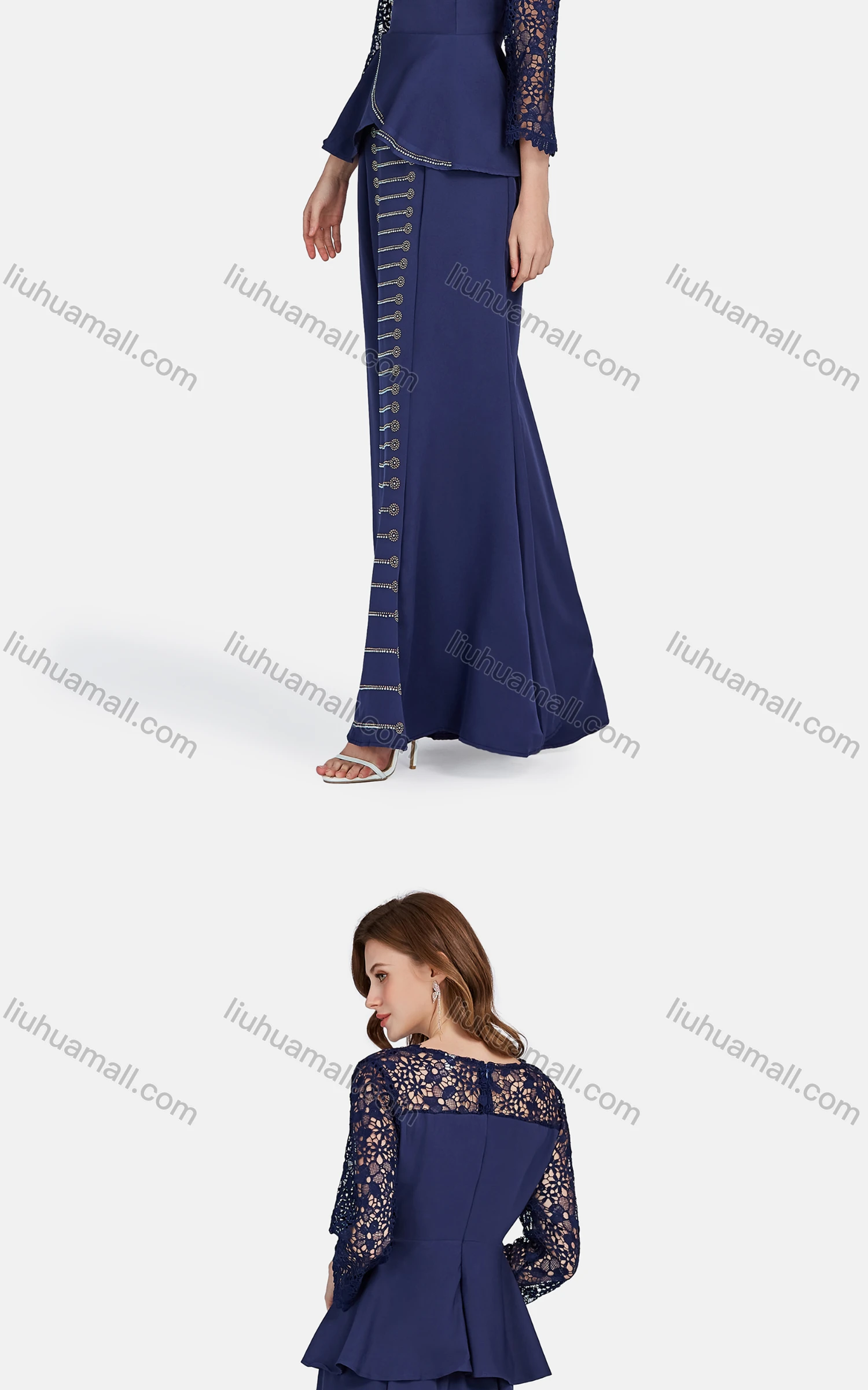 Wholesale Women's Elegant Lace Sleeve Ruffle Hem Rhinestone Plain Blouse 2-piece Set 3441# - Liuhuamall