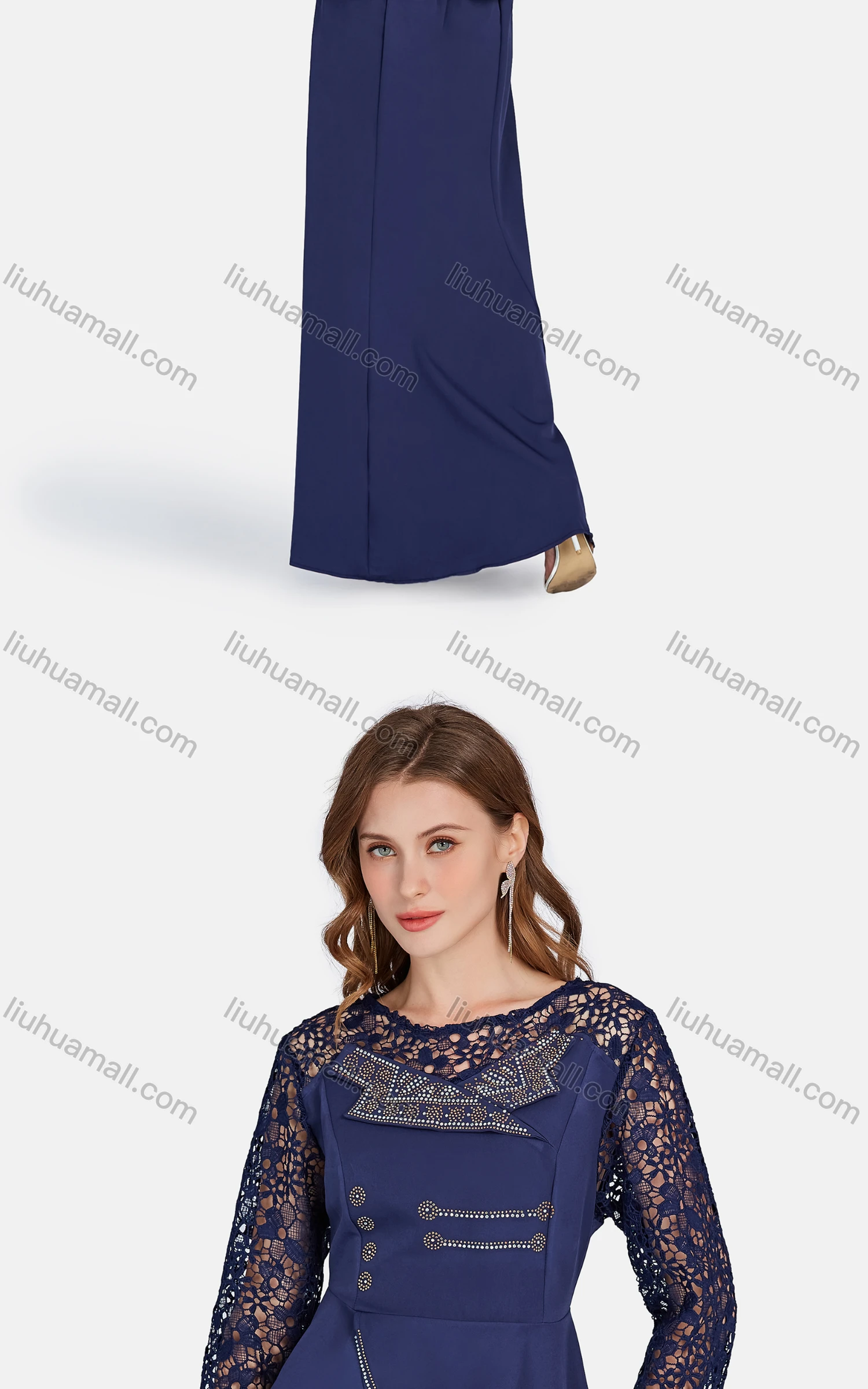 Wholesale Women's Elegant Lace Sleeve Ruffle Hem Rhinestone Plain Blouse 2-piece Set 3441# - Liuhuamall