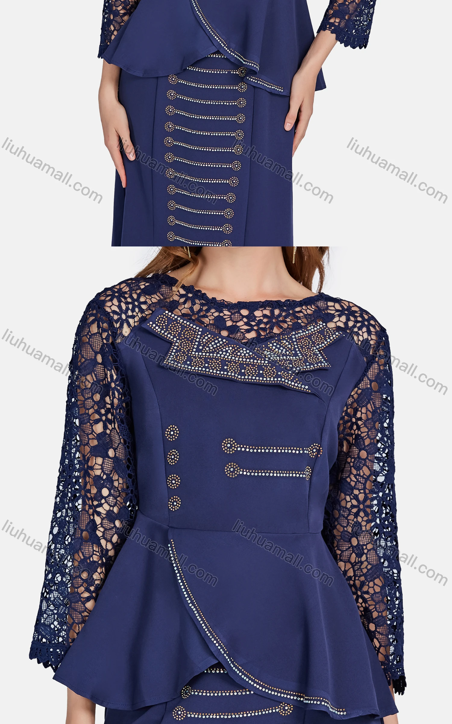 Wholesale Women's Elegant Lace Sleeve Ruffle Hem Rhinestone Plain Blouse 2-piece Set 3441# - Liuhuamall