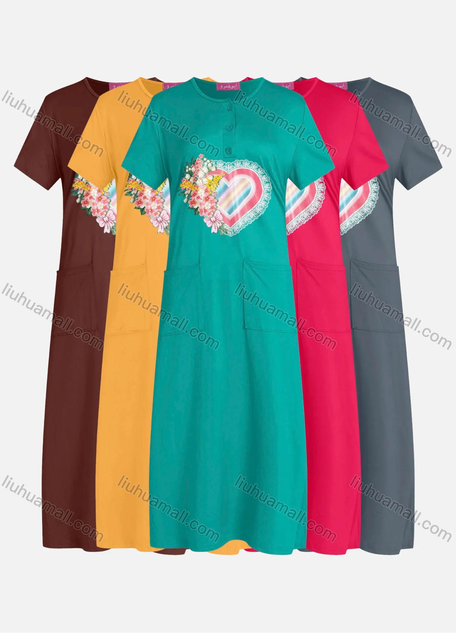 Wholesale Women's Casual Round Neck Graphic Short Sleeve Patch Pockets Midi Dress 576# - Liuhuamall