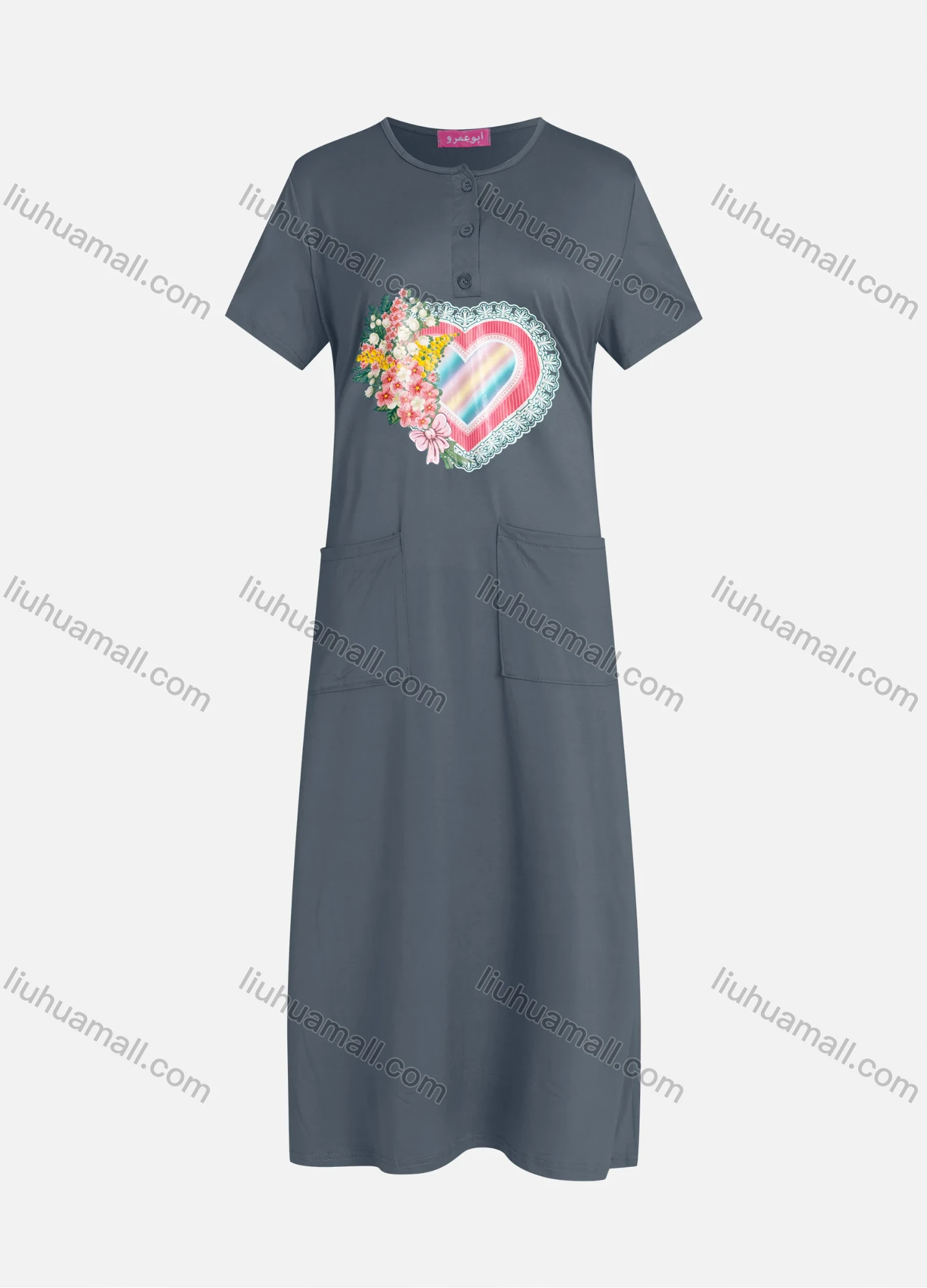 Wholesale Women's Casual Round Neck Graphic Short Sleeve Patch Pockets Midi Dress 576# - Liuhuamall