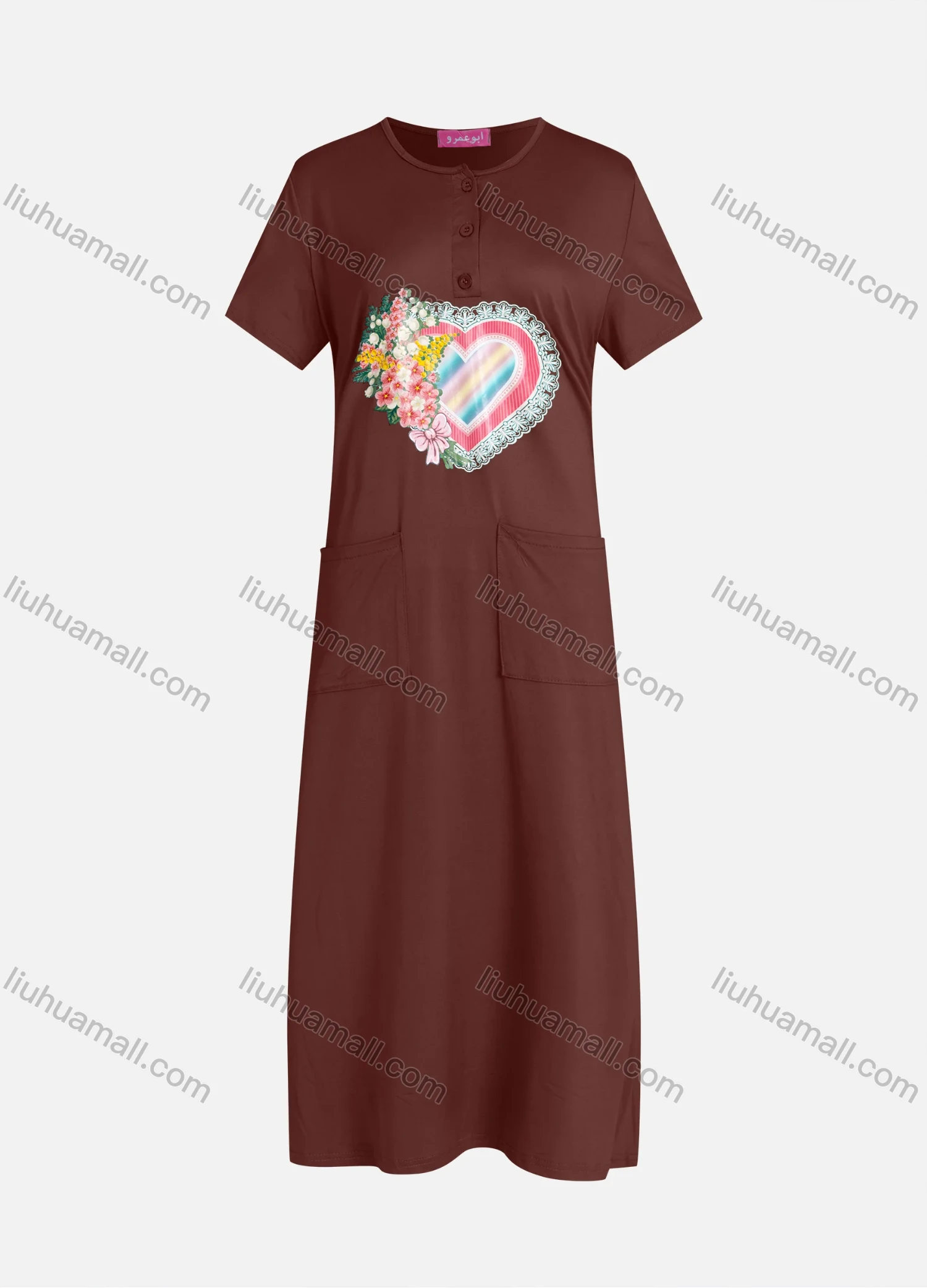 Wholesale Women's Casual Round Neck Graphic Short Sleeve Patch Pockets Midi Dress 576# - Liuhuamall