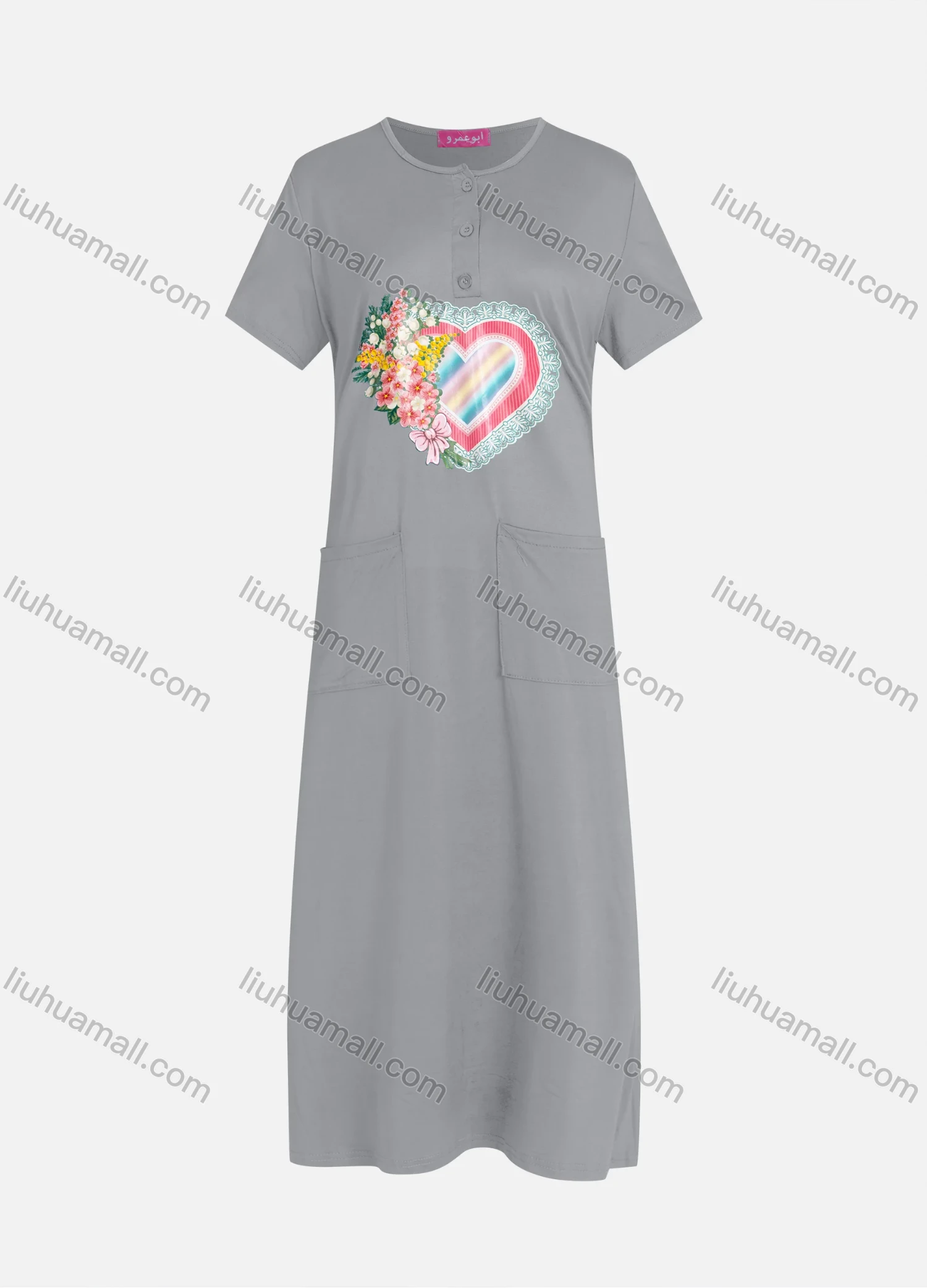 Wholesale Women's Casual Round Neck Graphic Short Sleeve Patch Pockets Midi Dress 576# - Liuhuamall