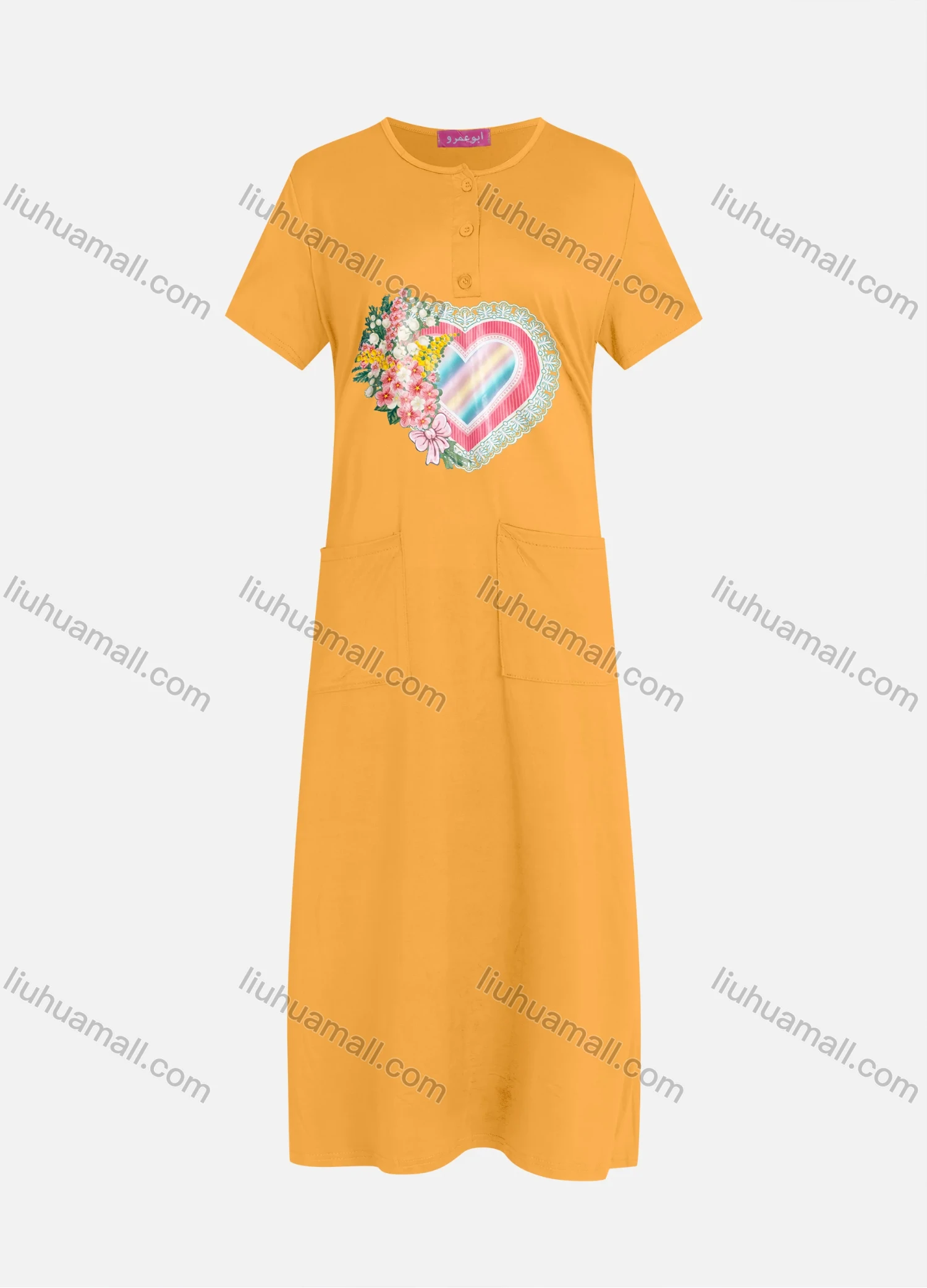 Wholesale Women's Casual Round Neck Graphic Short Sleeve Patch Pockets Midi Dress 576# - Liuhuamall