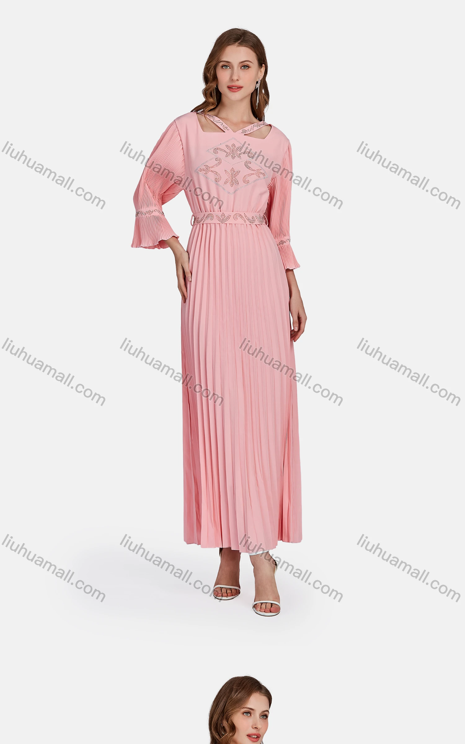 Wholesale Women's Elegant Bell Sleeve Peplum Rhinestone Dress 3412# - Liuhuamall