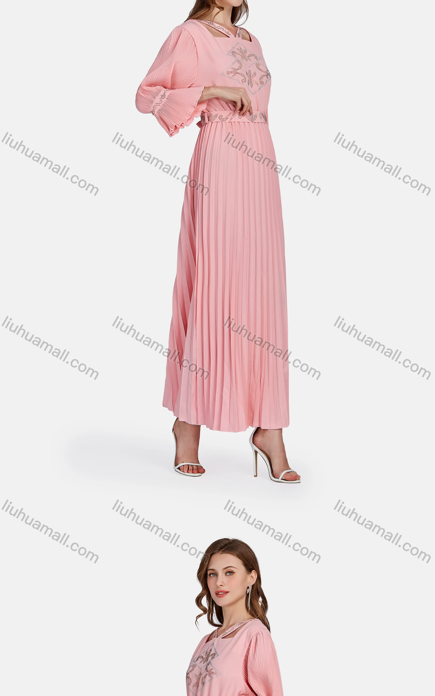 Wholesale Women's Elegant Bell Sleeve Peplum Rhinestone Dress 3412# - Liuhuamall